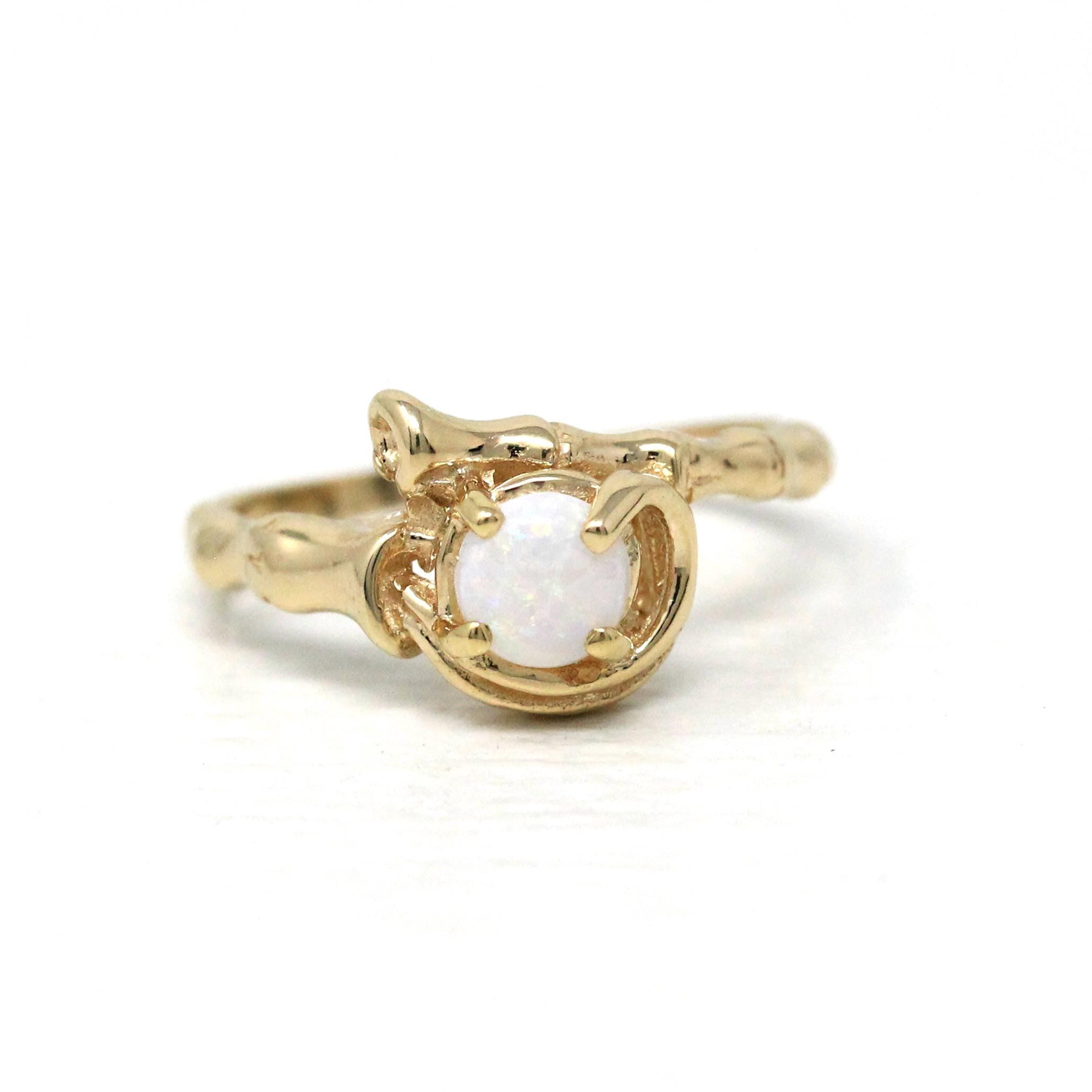 Natural Opal Ring - Modern 14k Yellow Gold Cabochon Cut .22 CT Gemstone - Estate Circa 1990s Era Size 5 3/4 October Birthstone Fine Jewelry