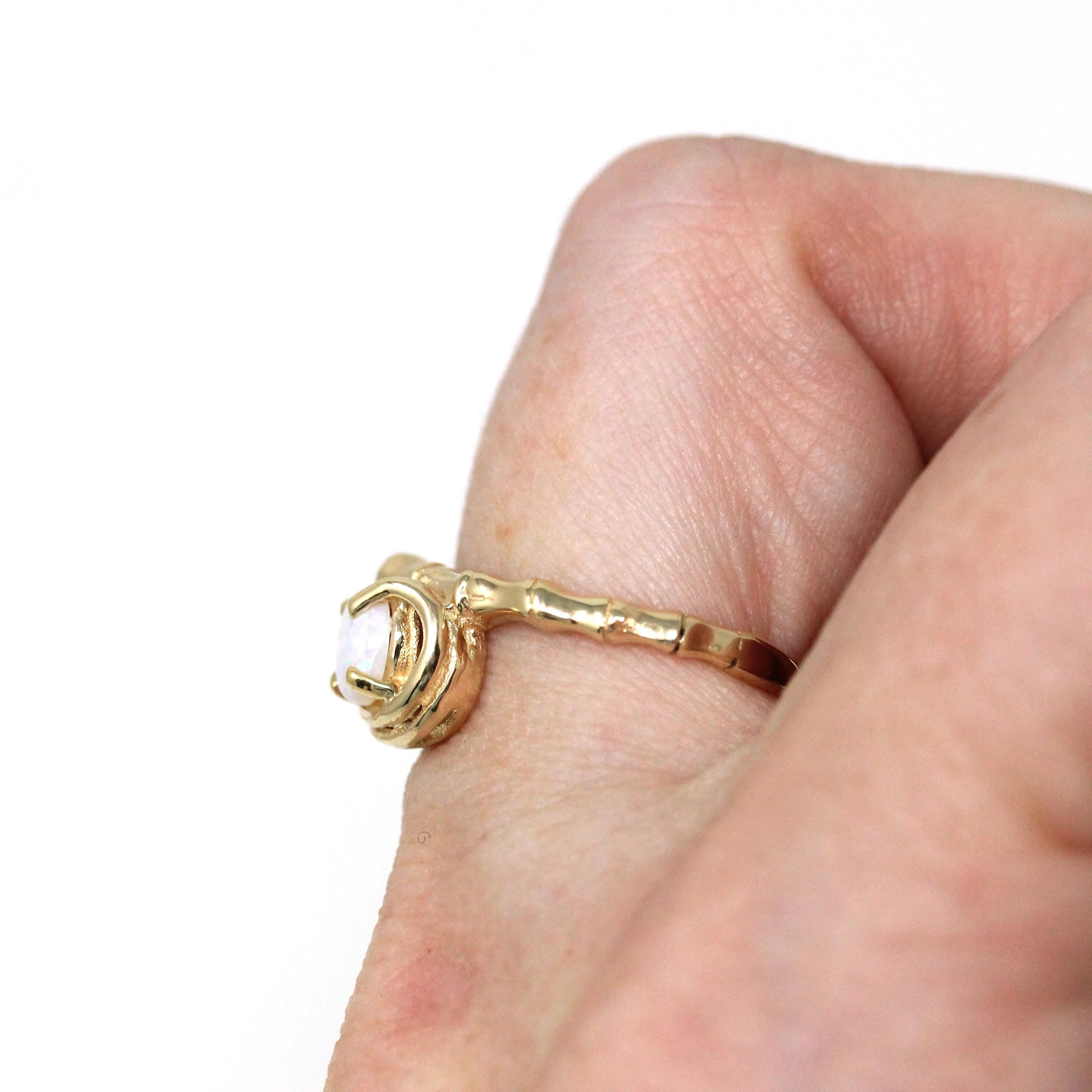 Natural Opal Ring - Modern 14k Yellow Gold Cabochon Cut .22 CT Gemstone - Estate Circa 1990s Era Size 5 3/4 October Birthstone Fine Jewelry