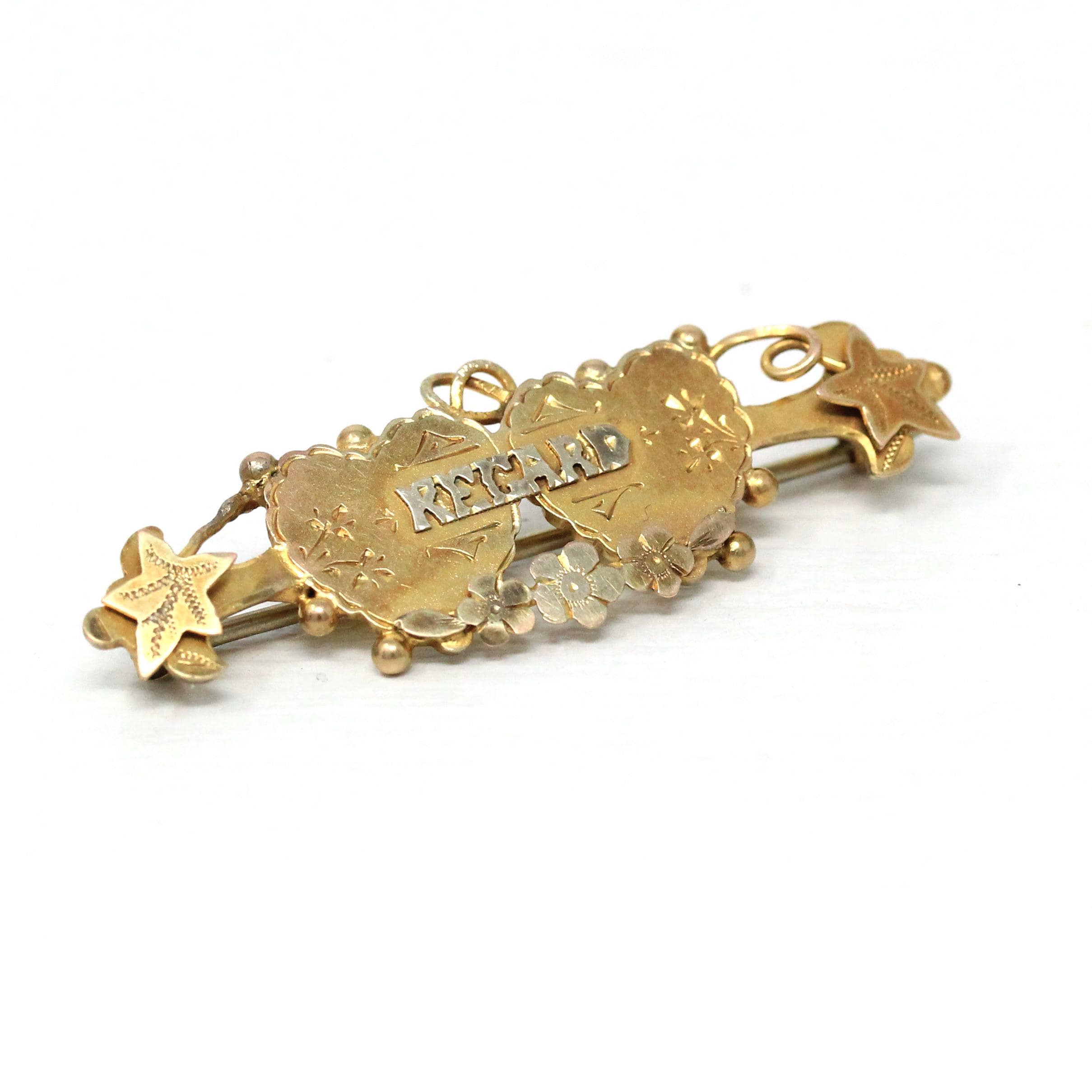 Edwardian "REGARD" Brooch - Antique English 9k Yellow Gold Pin - Circa 1910s Rare Memento Sentimental Romantic Acrostic Fine Regard Jewelry