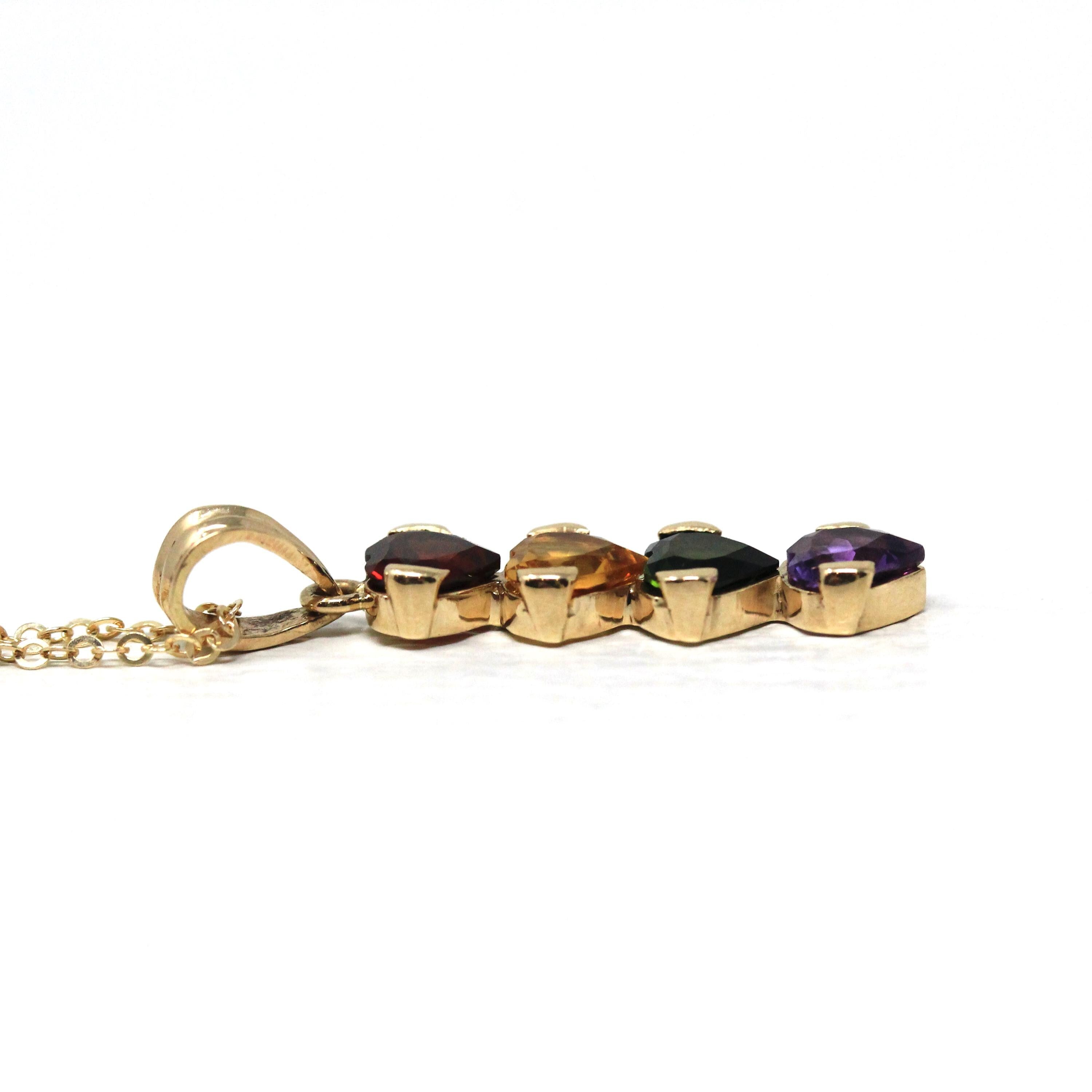 Gemstone Hearts Necklace - Estate 14k Yellow Gold Rainbow Birthstones - Circa 2000's Era Garnet Citrine Tourmaline Amethyst Fine Y2K Jewelry