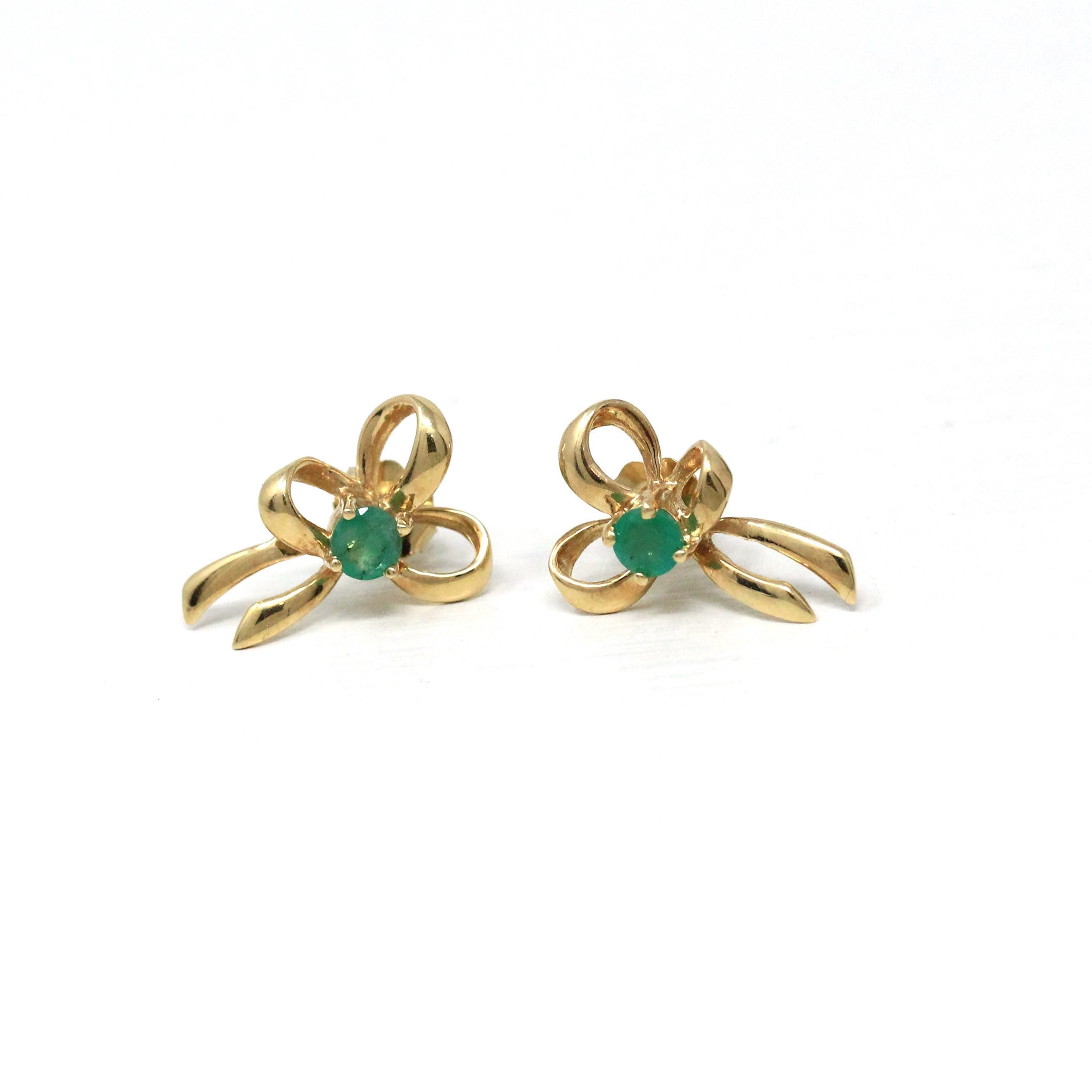 Emerald Bow Earrings - Vintage 14k Yellow Gold Round Faceted .43 CTW Natural Green Gemstone Studs - Estate 90's May Birthstone Fine Jewelry