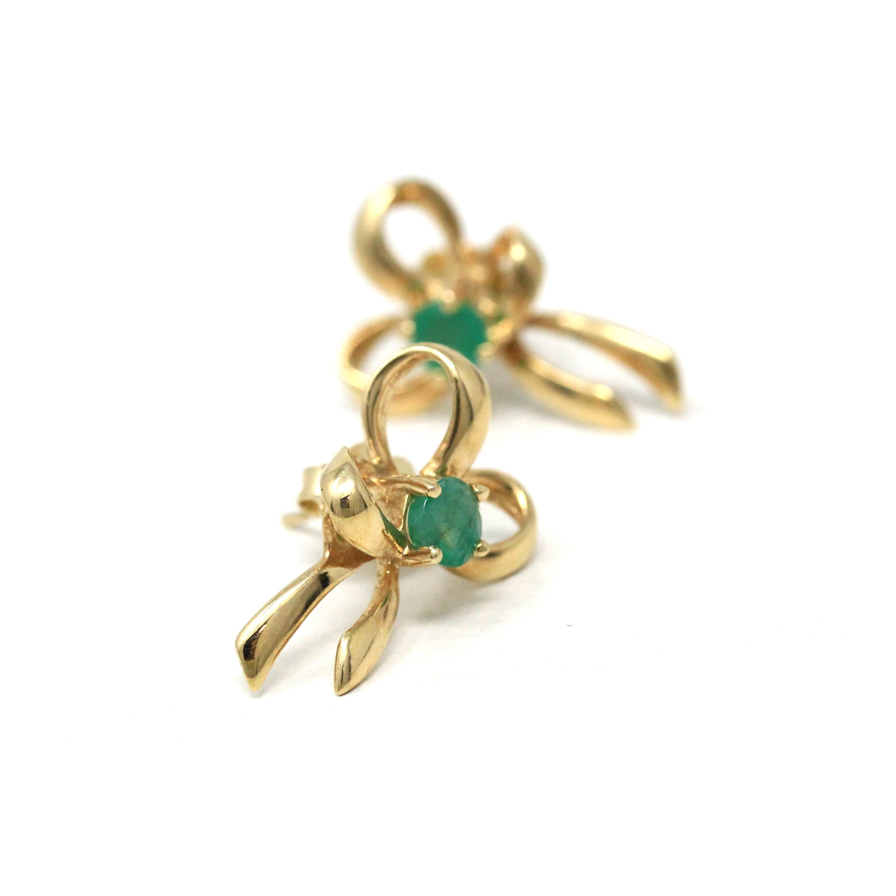 Emerald Bow Earrings - Vintage 14k Yellow Gold Round Faceted .43 CTW Natural Green Gemstone Studs - Estate 90's May Birthstone Fine Jewelry