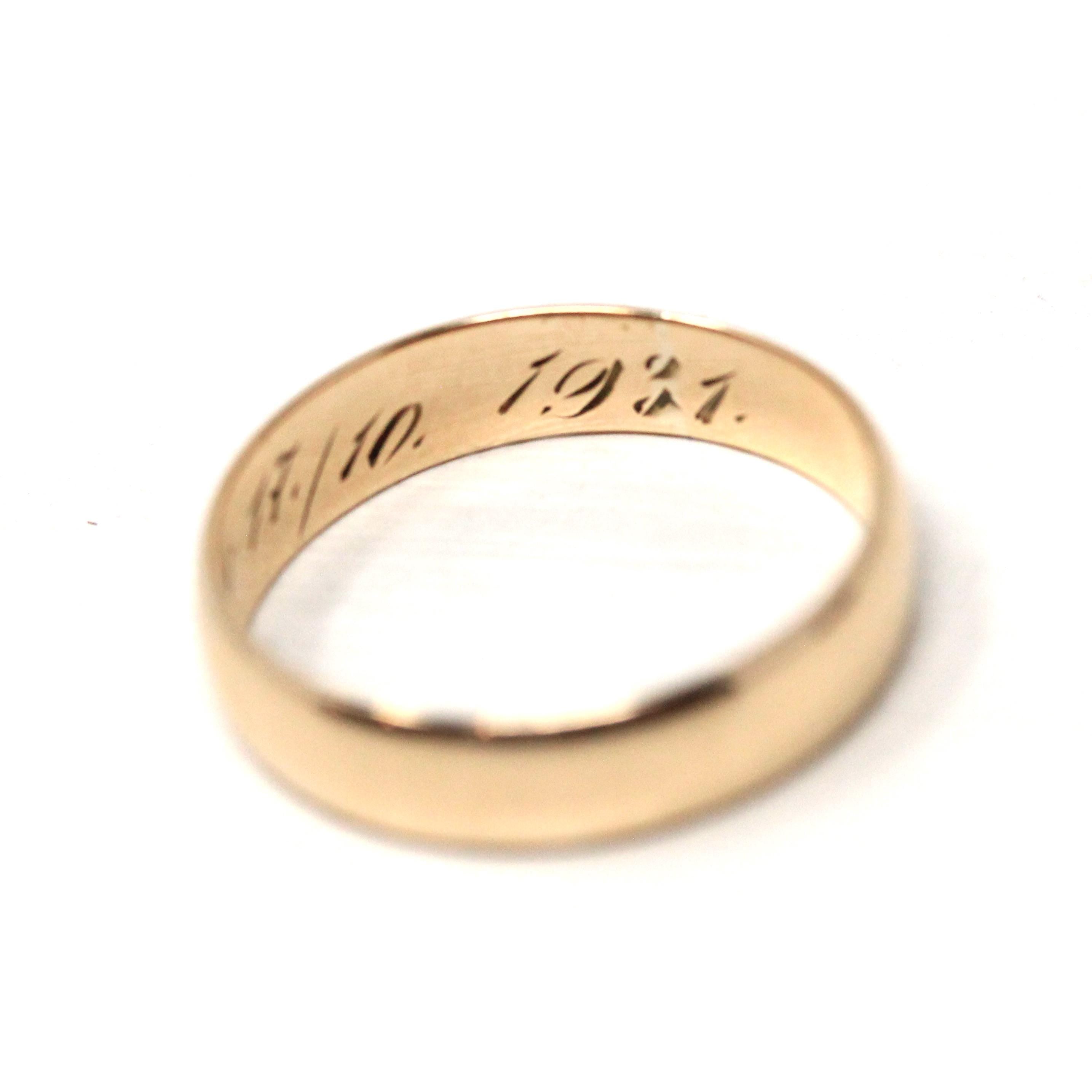 Vintage Inscribed Wedding Band - Art Deco 6k Yellow Gold Unadorned Plain Ring - Dated 1931 Size 7 Classic Simple Unisex 30s Fine Jewelry