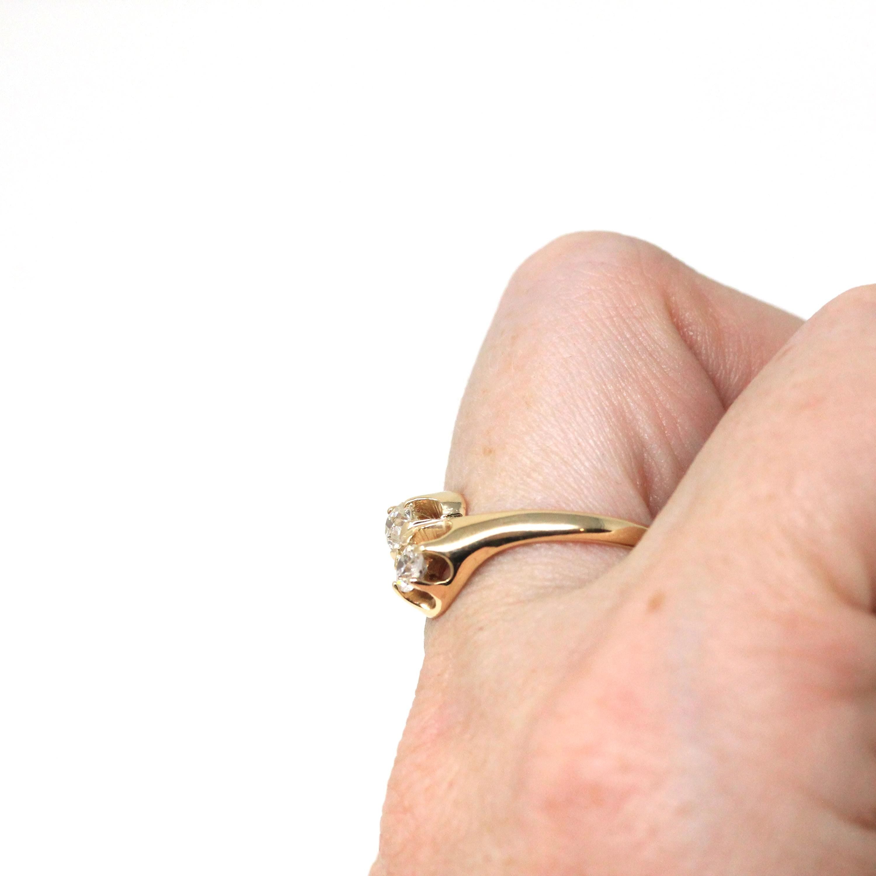 Diamond Toi Et Moi Ring - Edwardian Era 14k Yellow Gold Natural .33 CTW Old Mine Cut Bypass - Size 8.5 Fine Bridal April Birthstone Jewelry