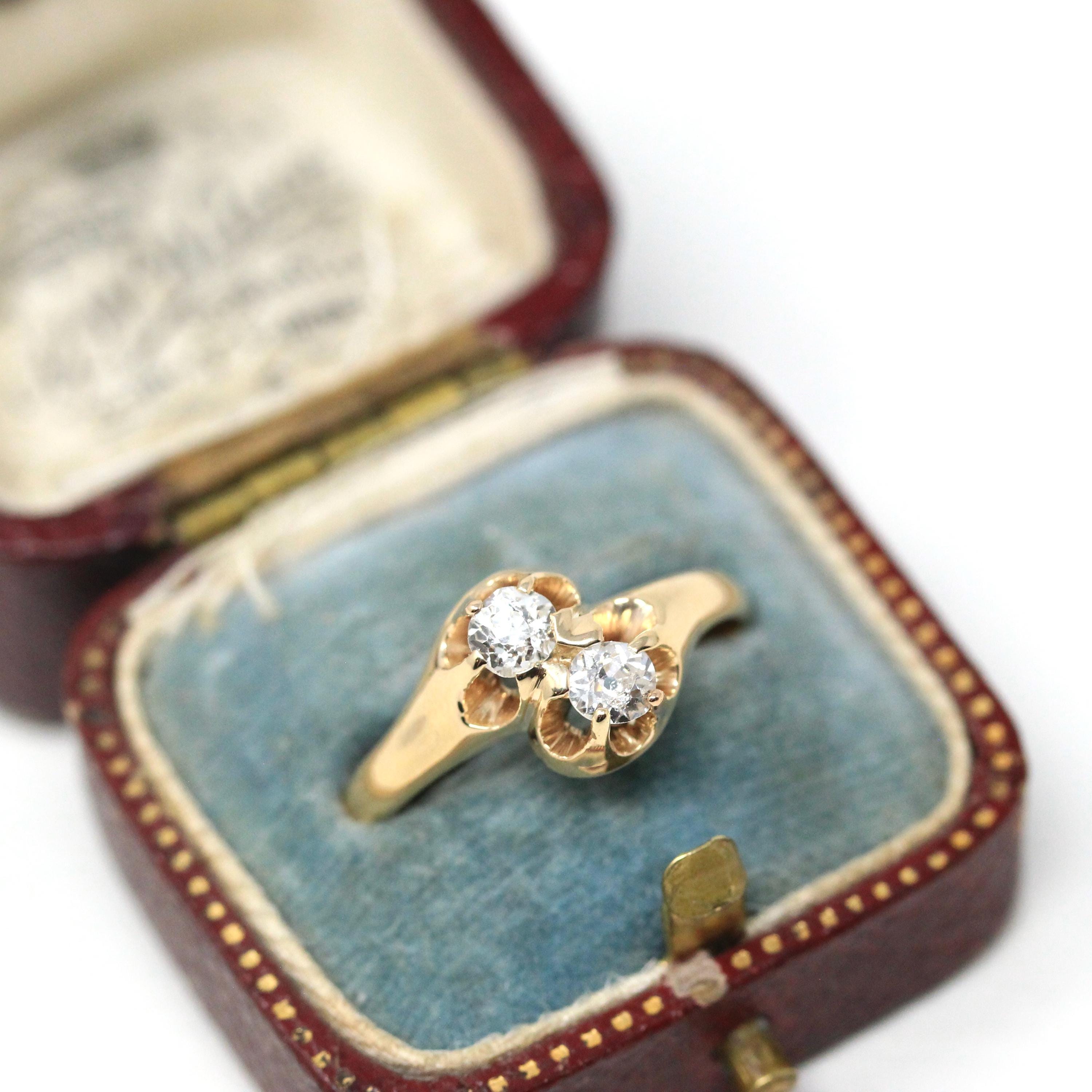 Diamond Toi Et Moi Ring - Edwardian Era 14k Yellow Gold Natural .33 CTW Old Mine Cut Bypass - Size 8.5 Fine Bridal April Birthstone Jewelry