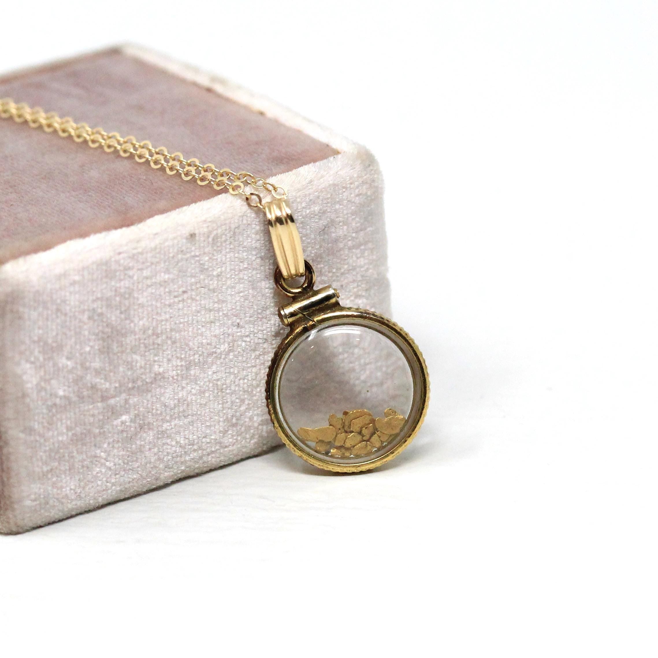 Gold Nugget Necklace - Estate Gold Filled Shaker Fob Charm Souvenir Pendant - Modern Circa 1980s Alaskan Gold Rush Flakes Souvenir Jewelry