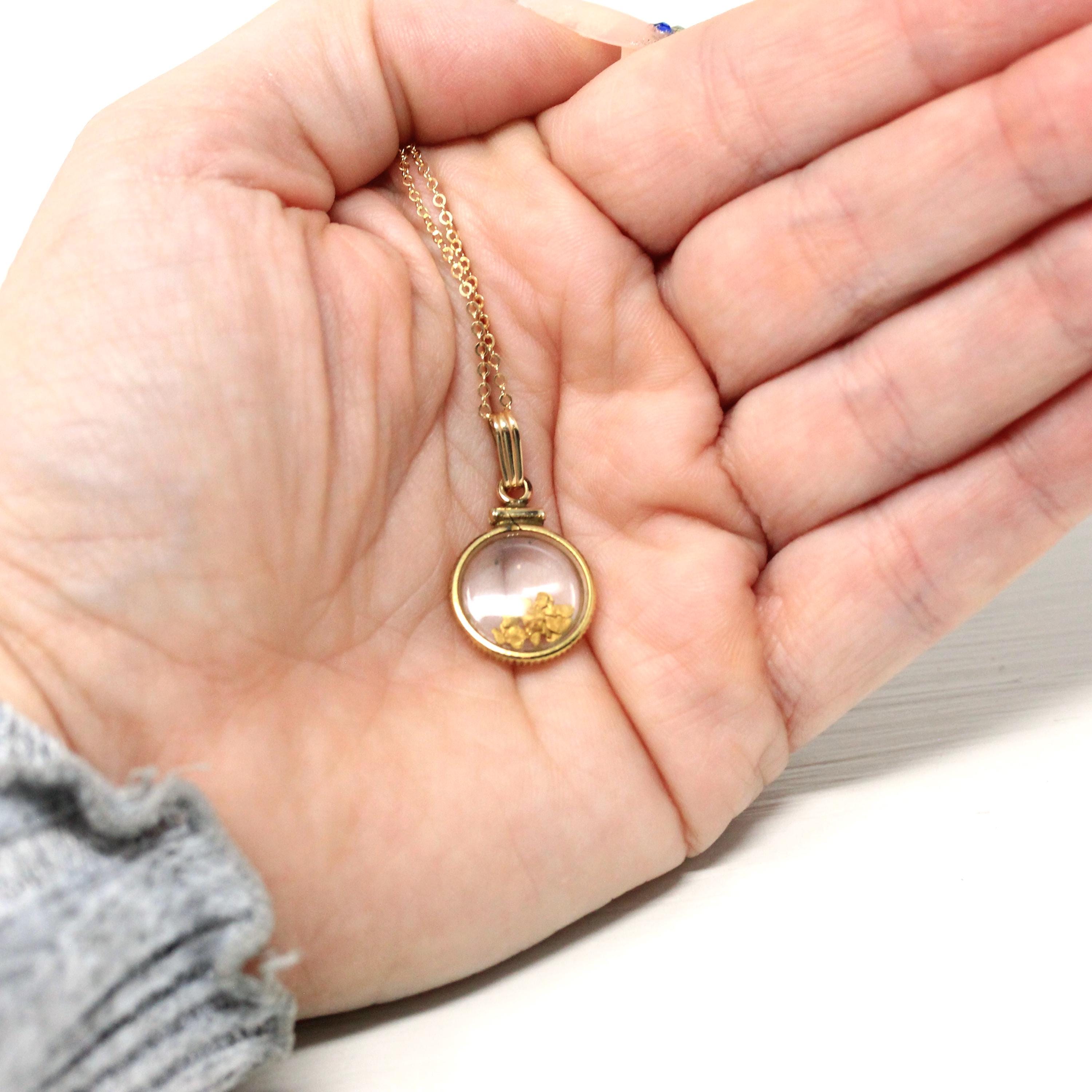 Gold Nugget Necklace - Estate Gold Filled Shaker Fob Charm Souvenir Pendant - Modern Circa 1980s Alaskan Gold Rush Flakes Souvenir Jewelry