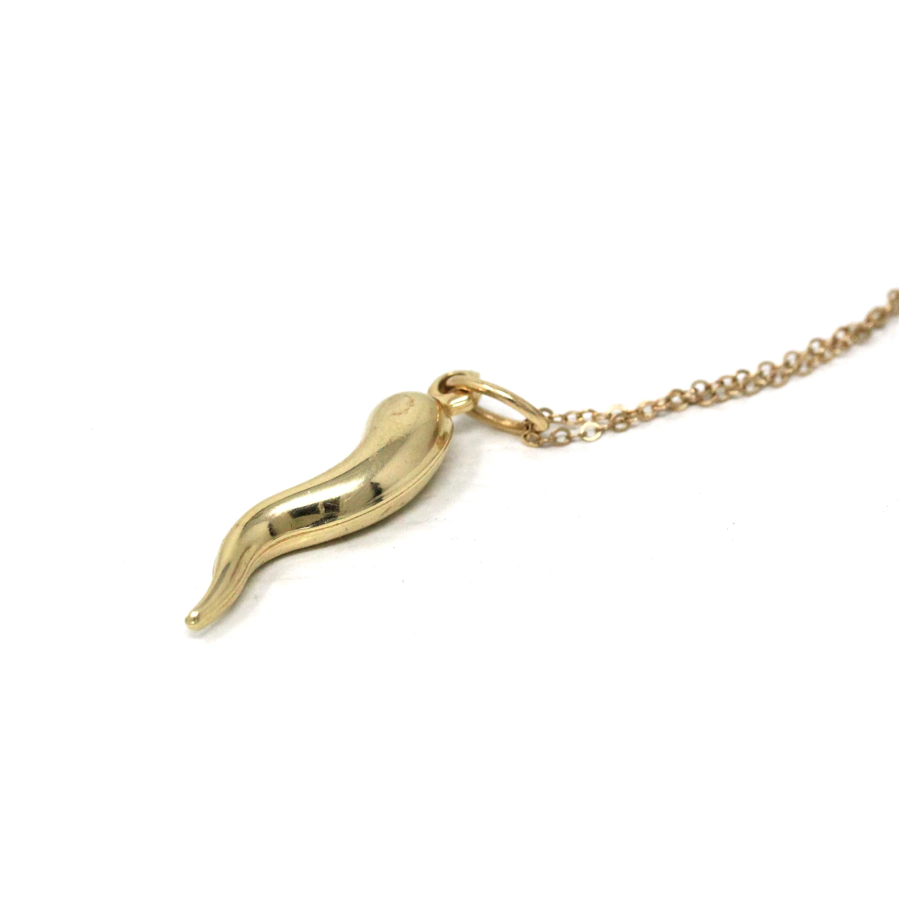 Italian Horn Charm - Retro 14k Yellow Gold Italy Cornicello Good Luck Pendant Necklace - Vintage Circa 1970s Ward Off Evil Amulet Jewelry