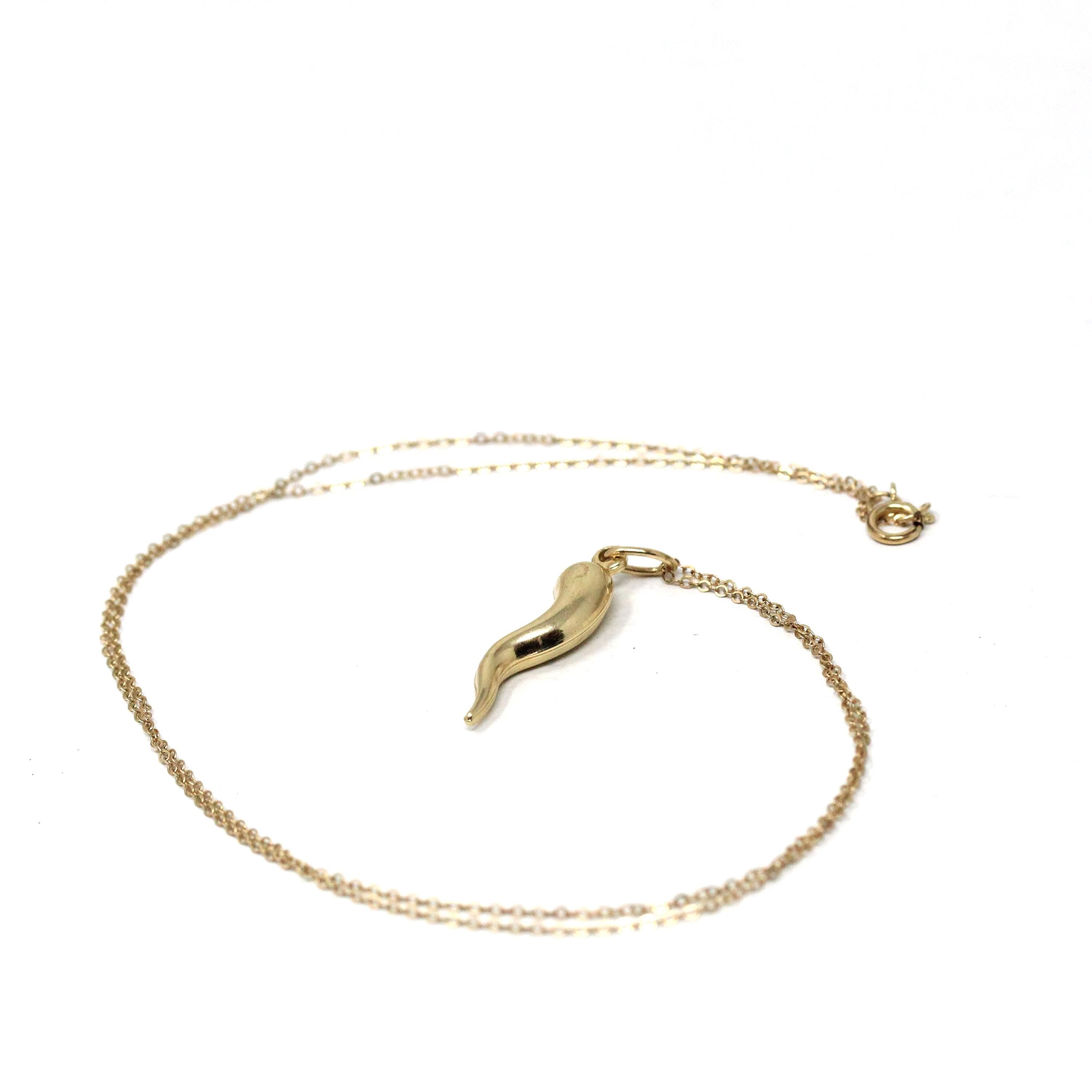 Italian Horn Charm - Retro 14k Yellow Gold Italy Cornicello Good Luck Pendant Necklace - Vintage Circa 1970s Ward Off Evil Amulet Jewelry