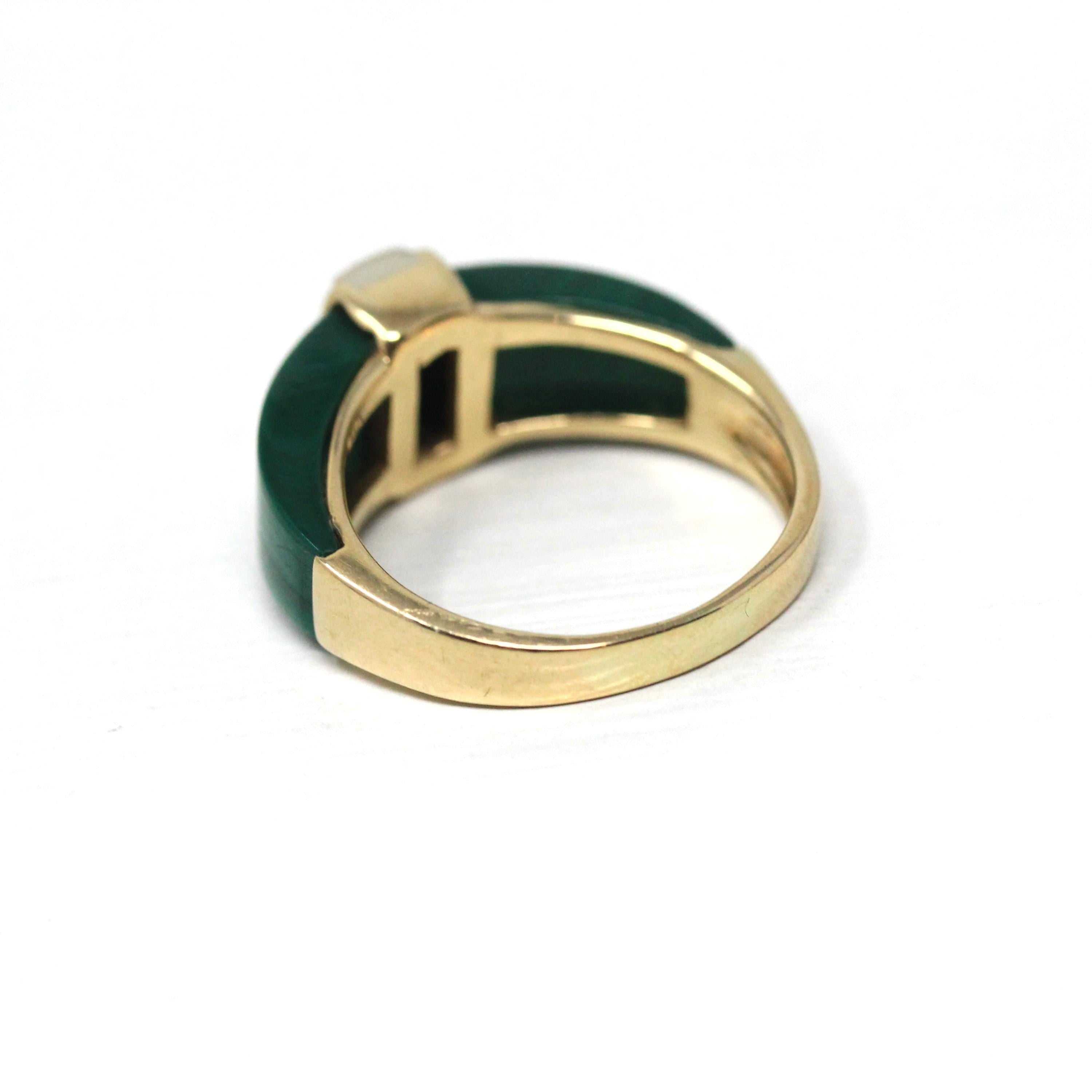 Vintage Malachite Ring - Retro 14k Yellow Gold Natural Green Gemstone Genuine Diamond - Circa 1970s Size 4 3/4 Statement Fine 70s Jewelry