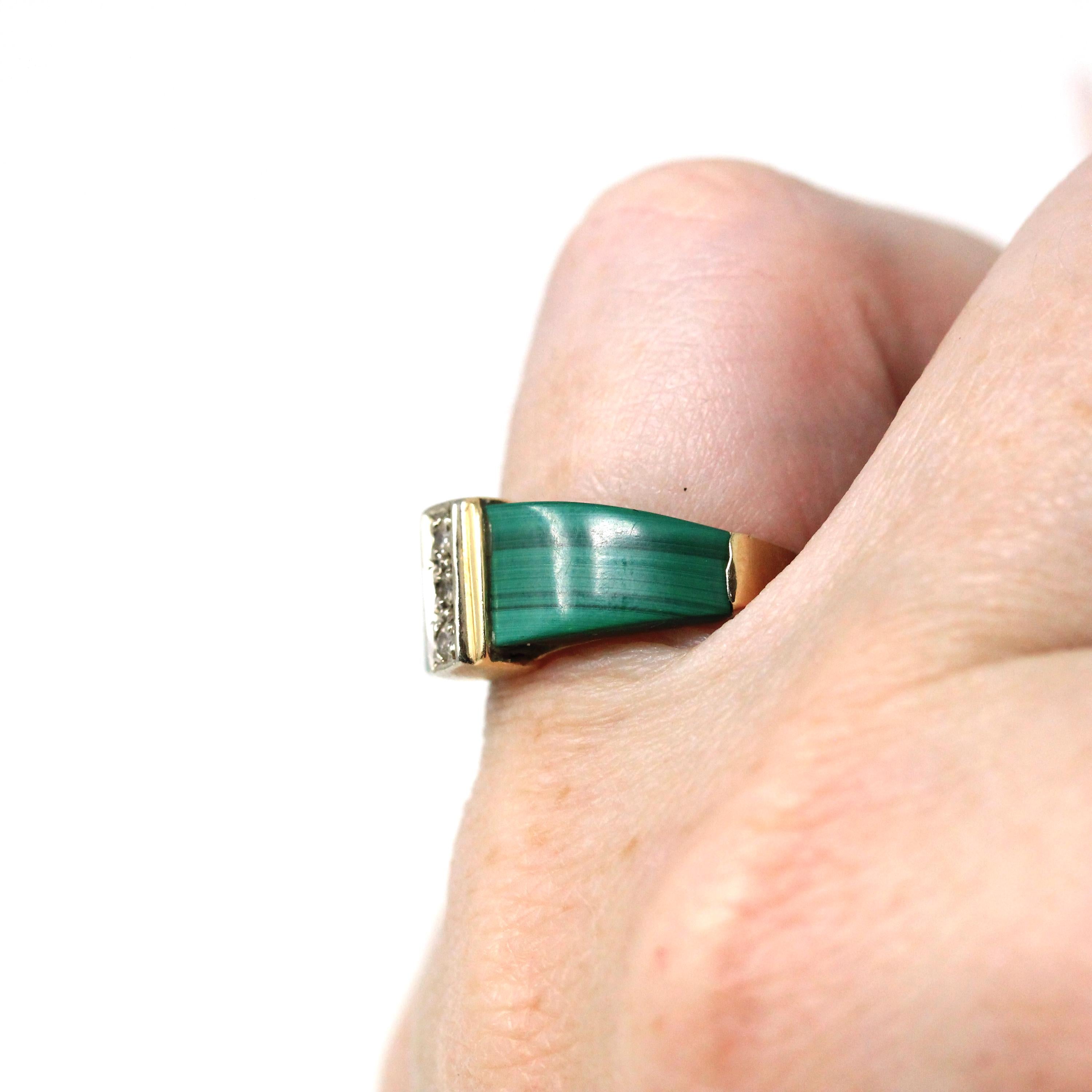 Vintage Malachite Ring - Retro 14k Yellow Gold Natural Green Gemstone Genuine Diamond - Circa 1970s Size 4 3/4 Statement Fine 70s Jewelry