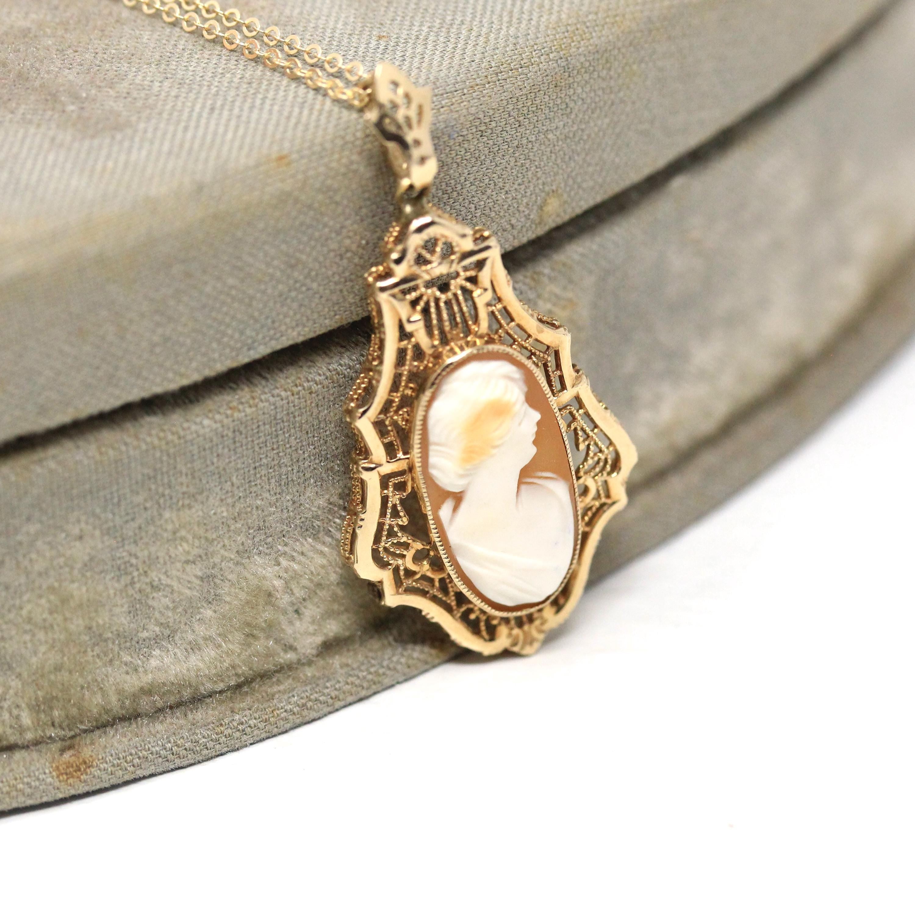 Vintage Cameo Necklace - Retro 10k Yellow Gold Oval Carved Shell Flower Pendant Charm - Circa 1940s Era Statement Fine Esemco 40s Jewelry