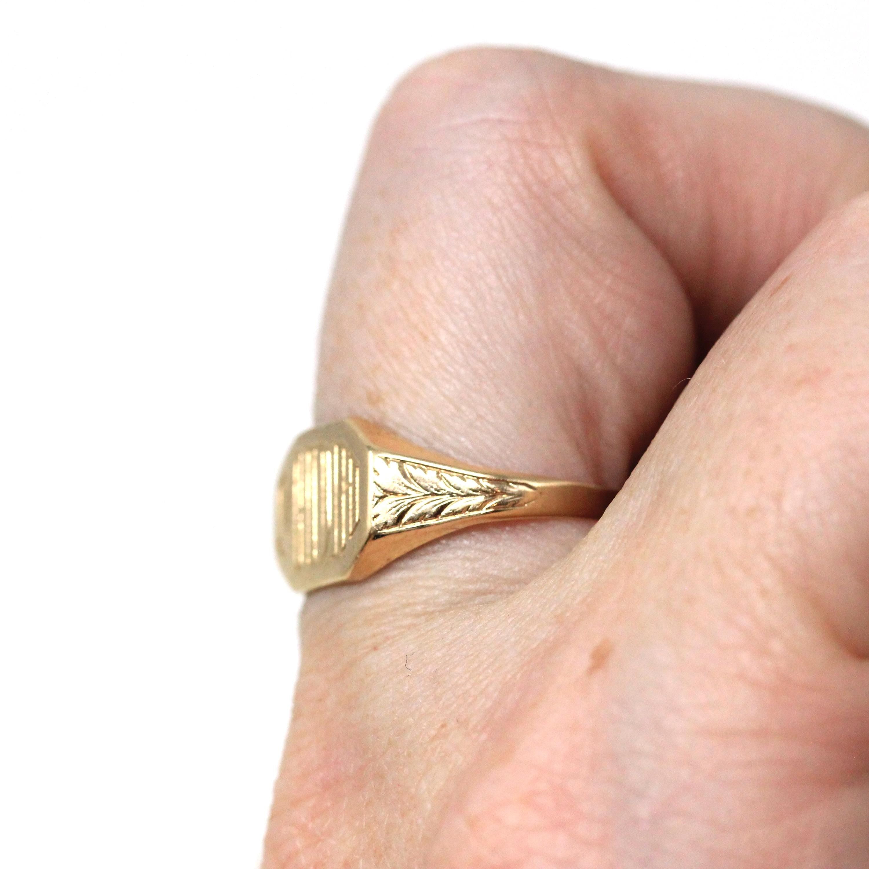 Vintage "MDH" Signet Ring - Retro 10k Yellow Gold Engraved Letters Initials Statement - Circa 1940s Size 7 Esemco Monogrammed Fine Jewelry