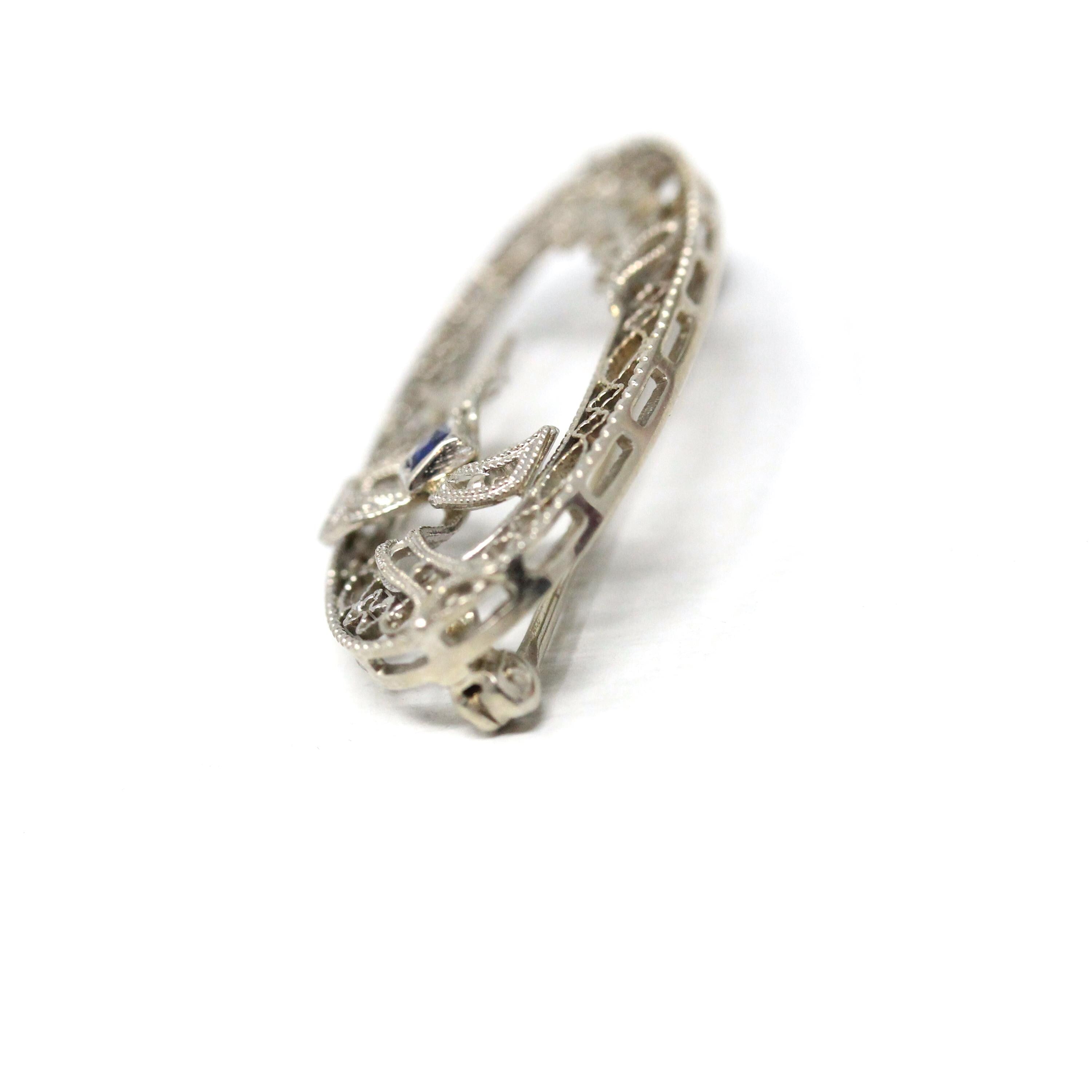 Art Deco Brooch - Vintage 14k White Gold Filigree Bow Ribbon Motif Statement Pin - Circa 1930s Era Created Sapphire Fine Oval 30s Jewelry