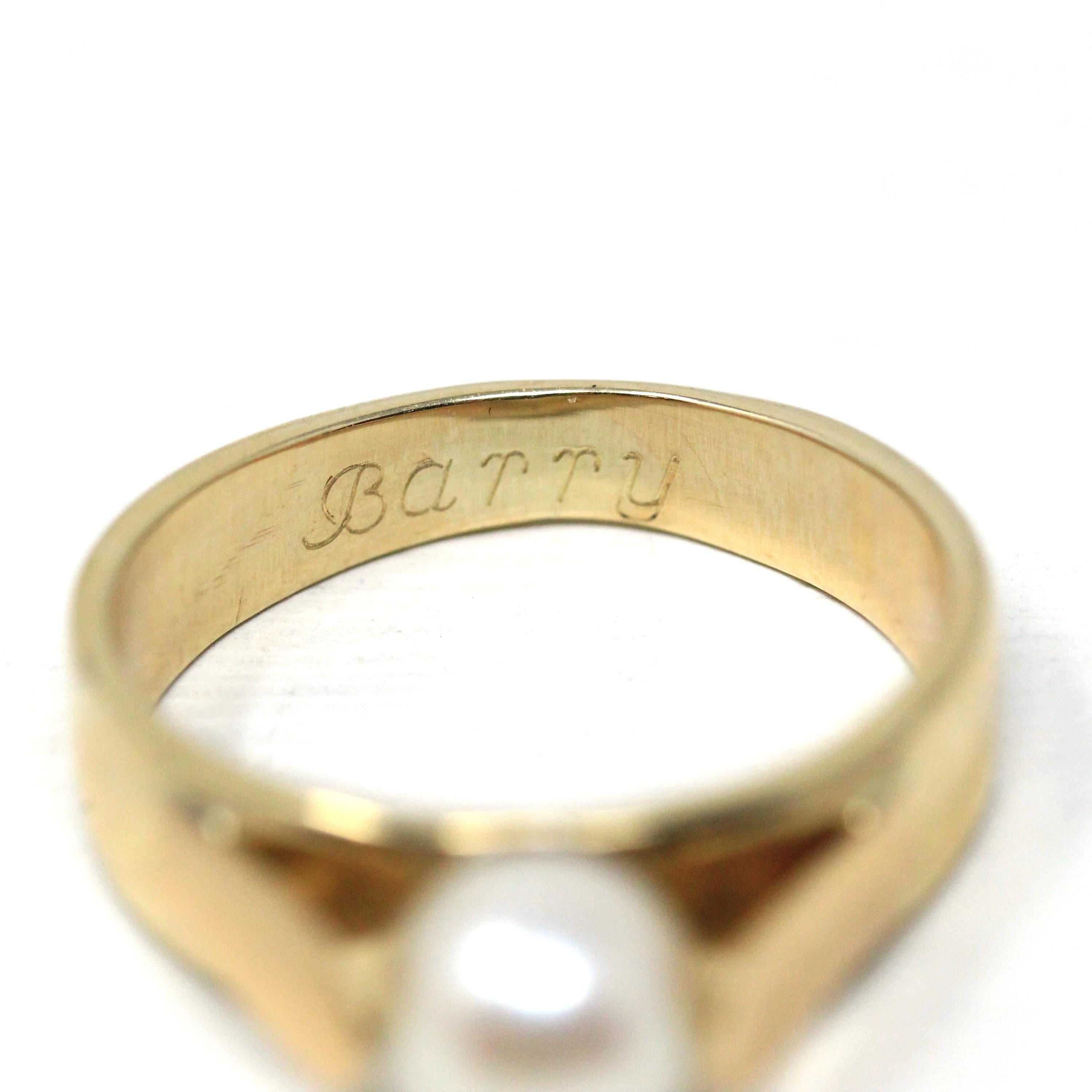 Retro Cultured Pearl Ring - Vintage 14k Yellow Gold Solitaire Style Gemstone - Circa 1970s Era Size 7 June Birthstone Fine Statement Jewelry