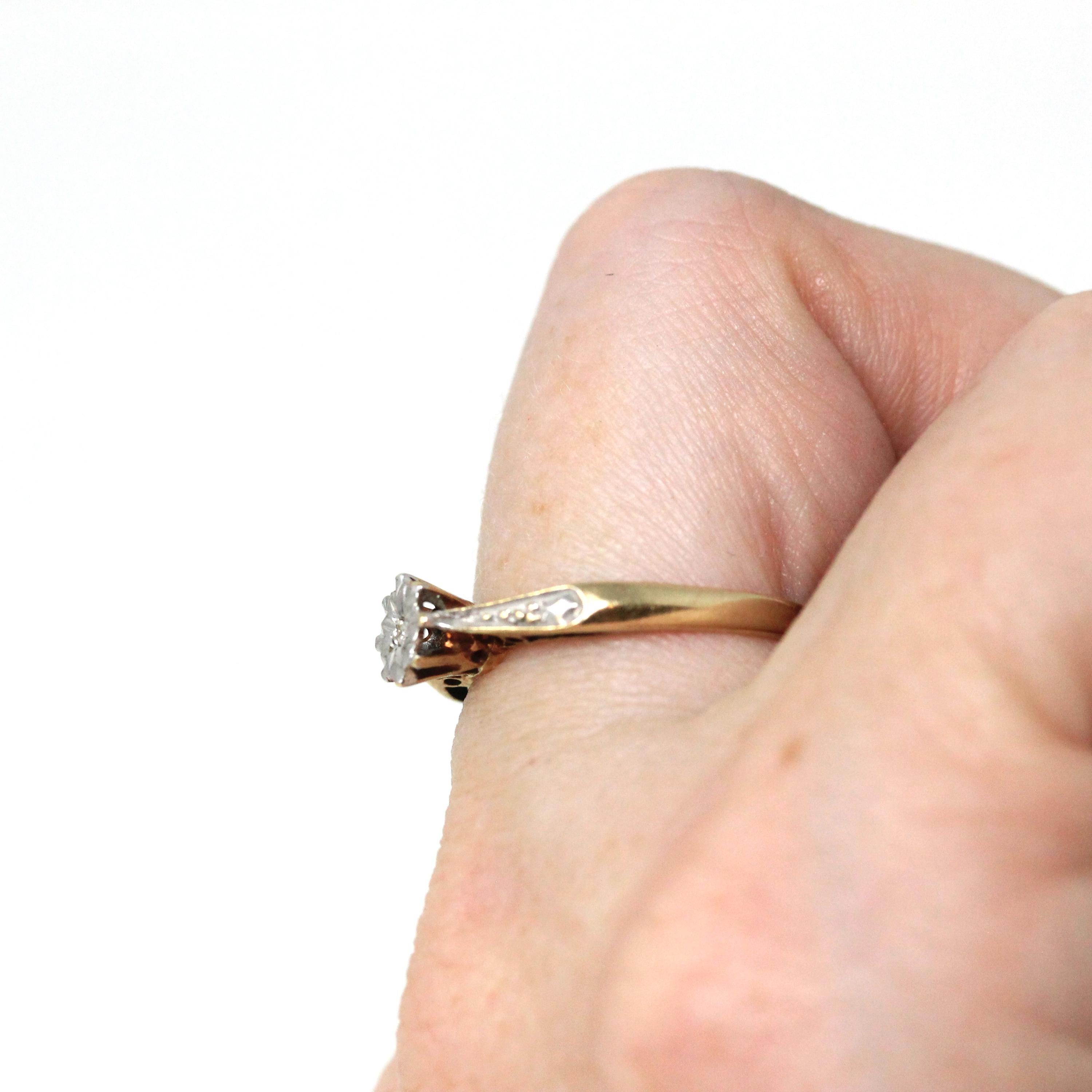 Vintage Star Diamond Ring - Retro Era Two Tone 9k Yellow & White Gold Engagement Ring - Circa 1970s Size 6 1/2 Fine Bridal Jewelry