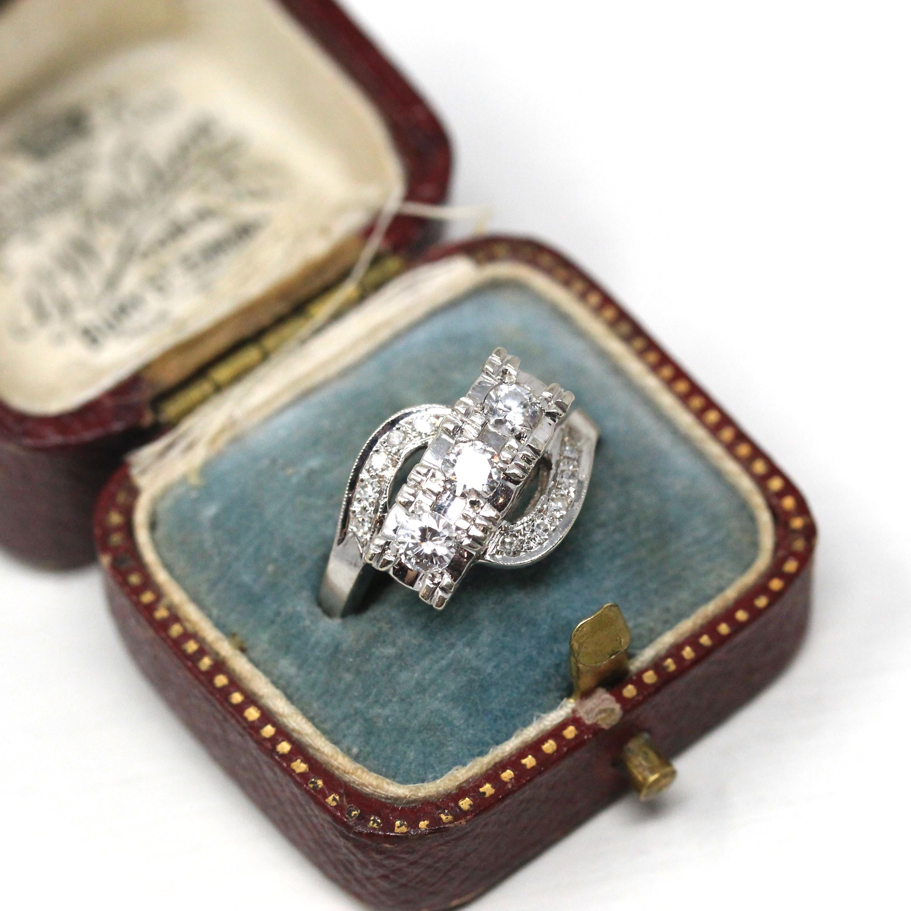 Mid Century Diamond Swirl Ring - Vintage 14K White Gold .50 CTW Diamond Gemstones - Circa 1950s Era Size 6 1/2 Fine Engagement Jewelry