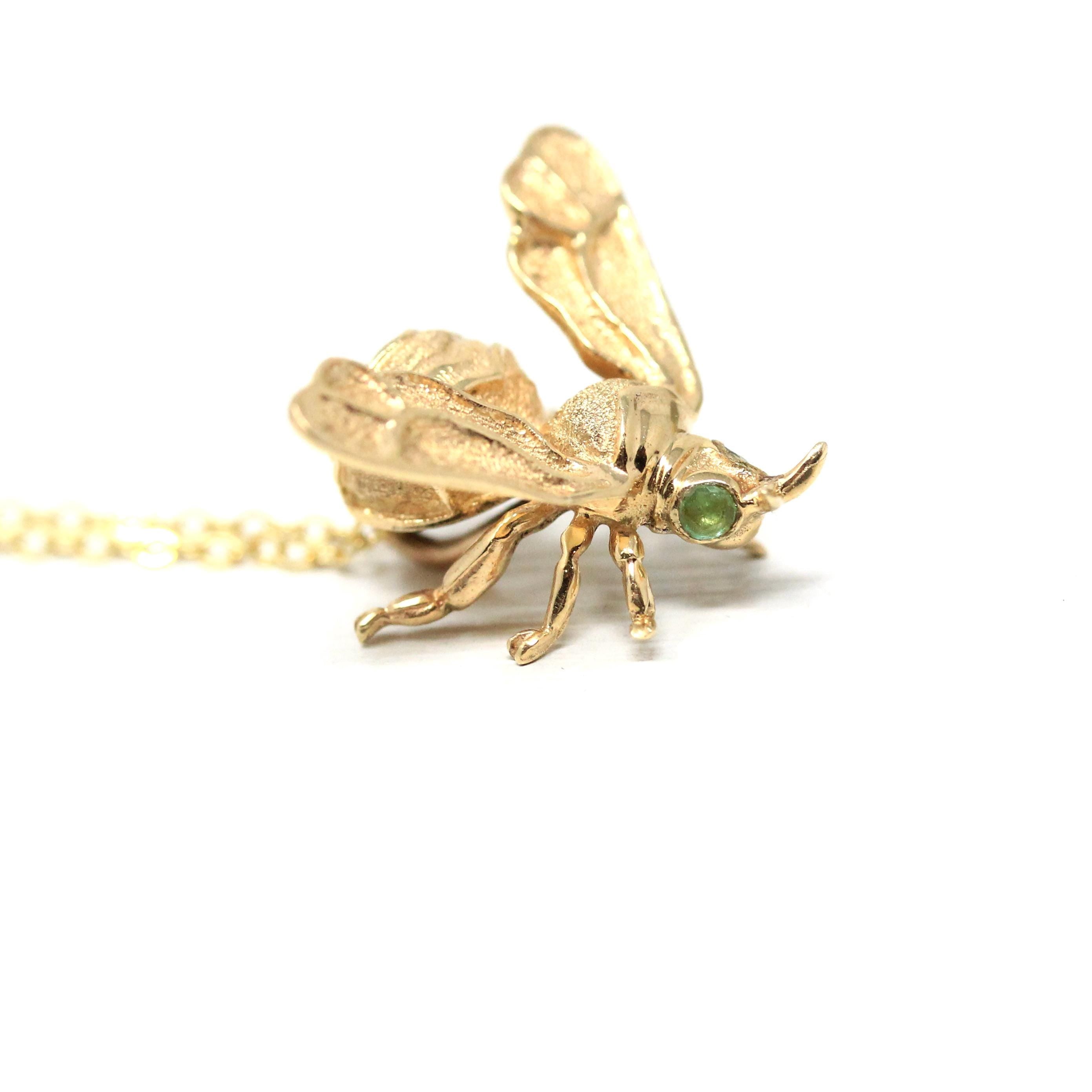 Modern Bee Charm - 14k Yellow Gold Green Tourmaline Pin Conversion Pendant Necklace - Vintage 1980s Figural Bug Fine Statement Jewelry