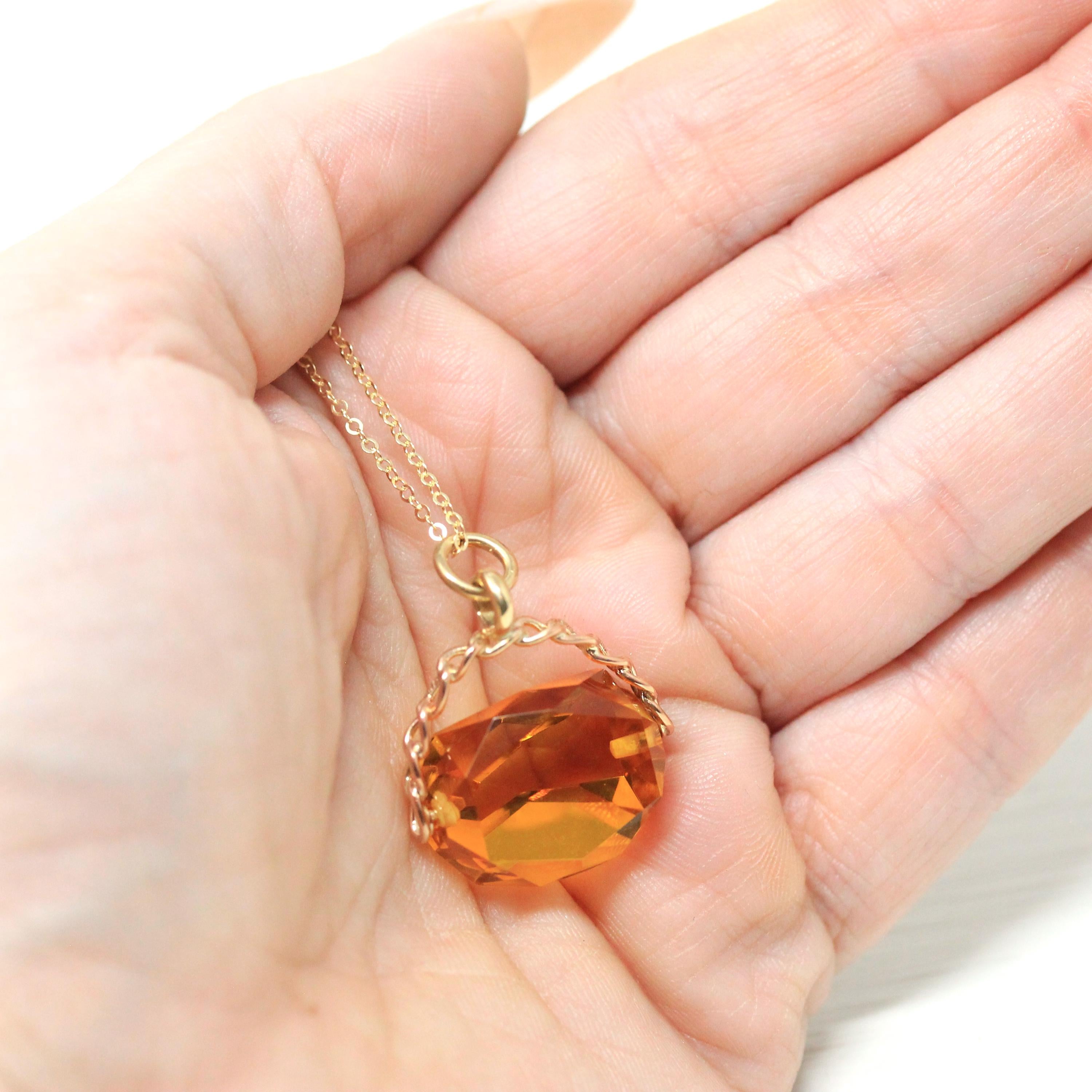 Antique Spinner Fob - Victorian 9k English Yellow Gold Simulated Citrine Pendant Necklace - Dated 1897 Unique Faceted Glass Gemstone Jewelry