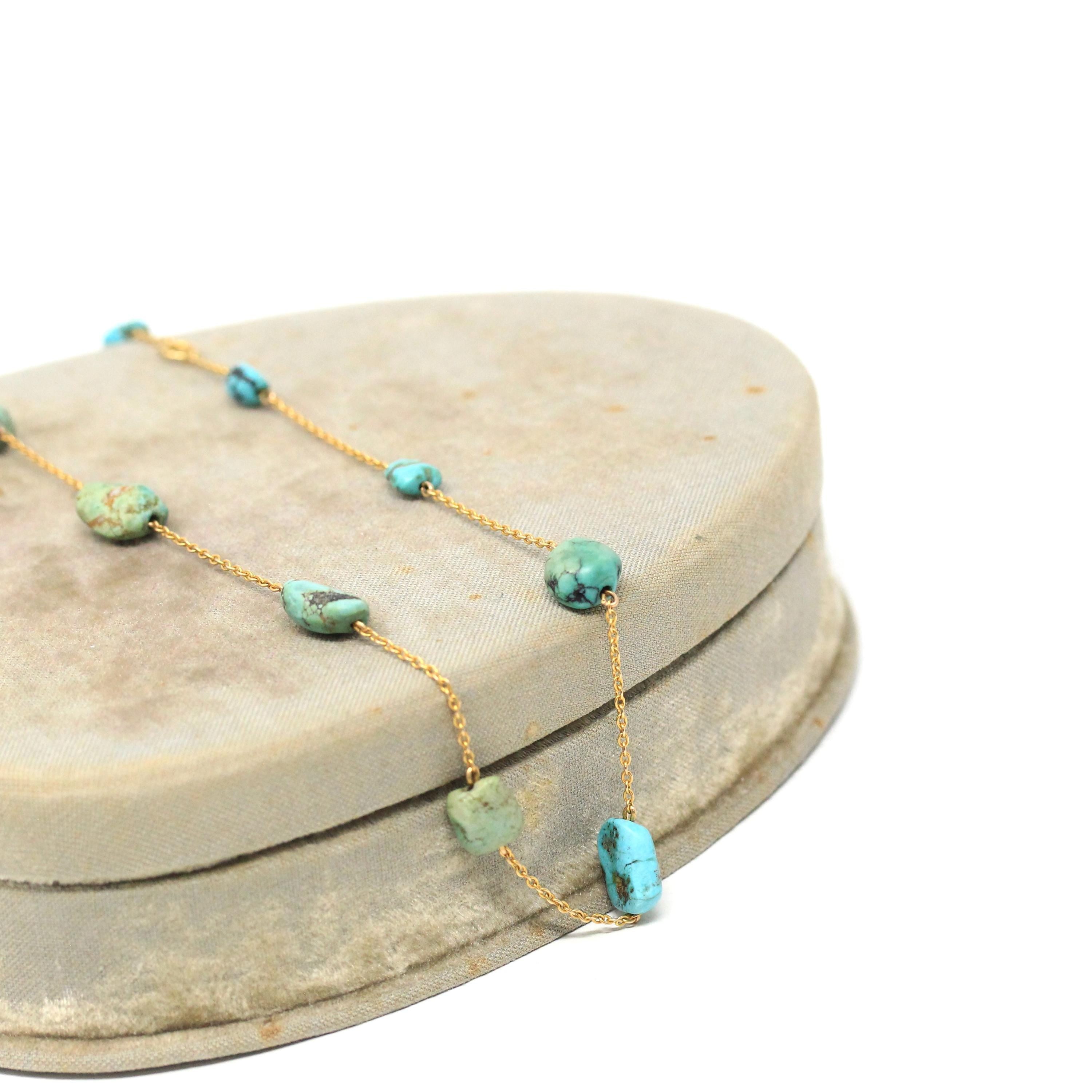 Antique Turquoise Necklace - Edwardian 9k Yellow Gold Natural Genuine Blue Green Gems Station Chain - Vintage Circa 1910s Era Fine Jewelry