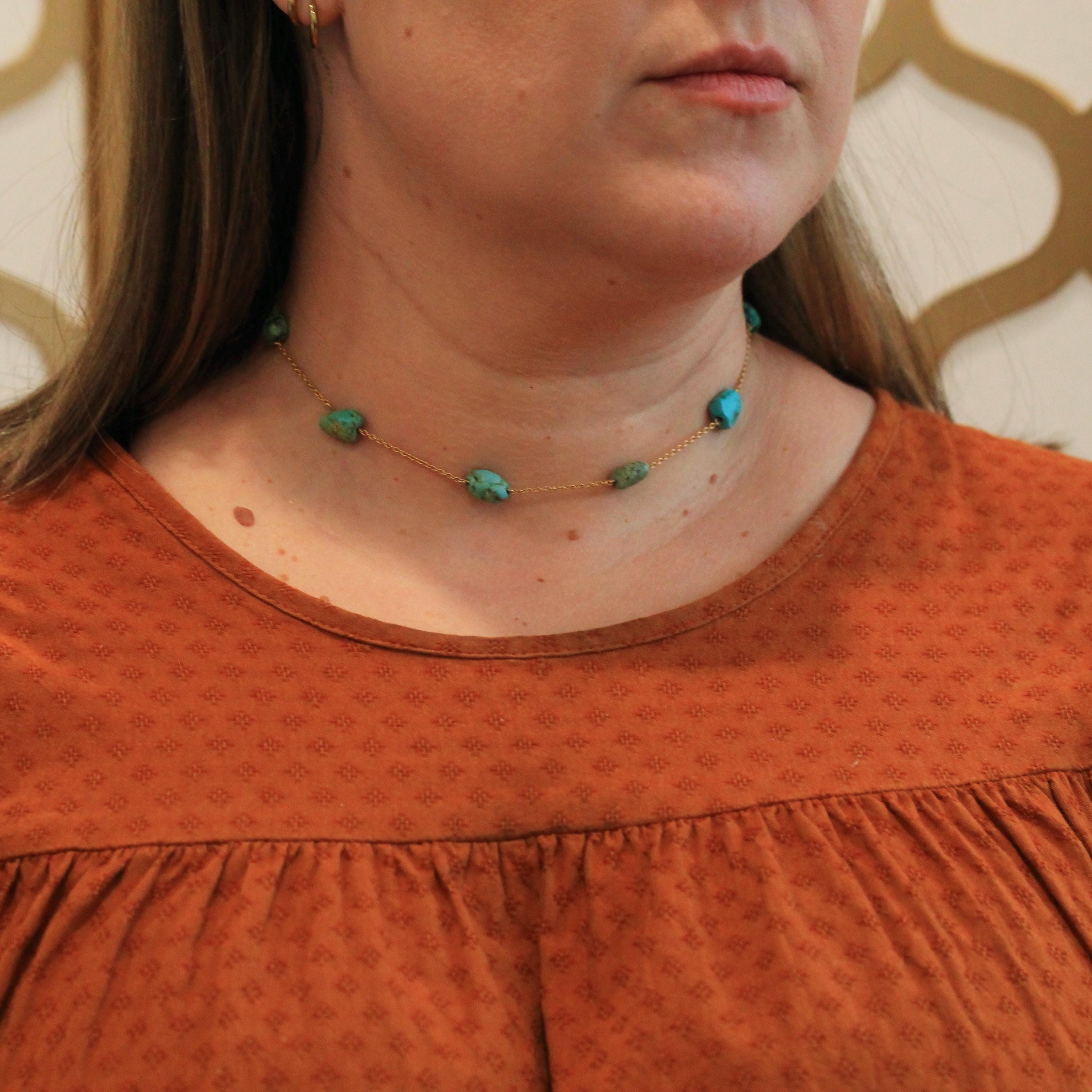 Antique Turquoise Necklace - Edwardian 9k Yellow Gold Natural Genuine Blue Green Gems Station Chain - Vintage Circa 1910s Era Fine Jewelry