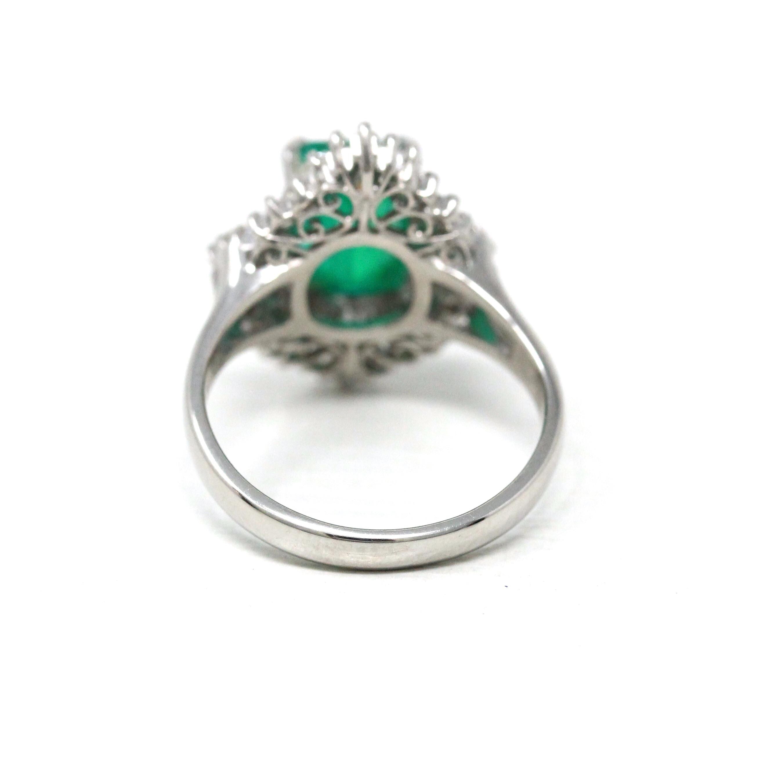 Emerald & Diamond Ring - Estate Platinum 1.77 CT Green Emerald Cut Baguette Round Halo - Vintage Engagement Fine Ballerina Report Jewelry