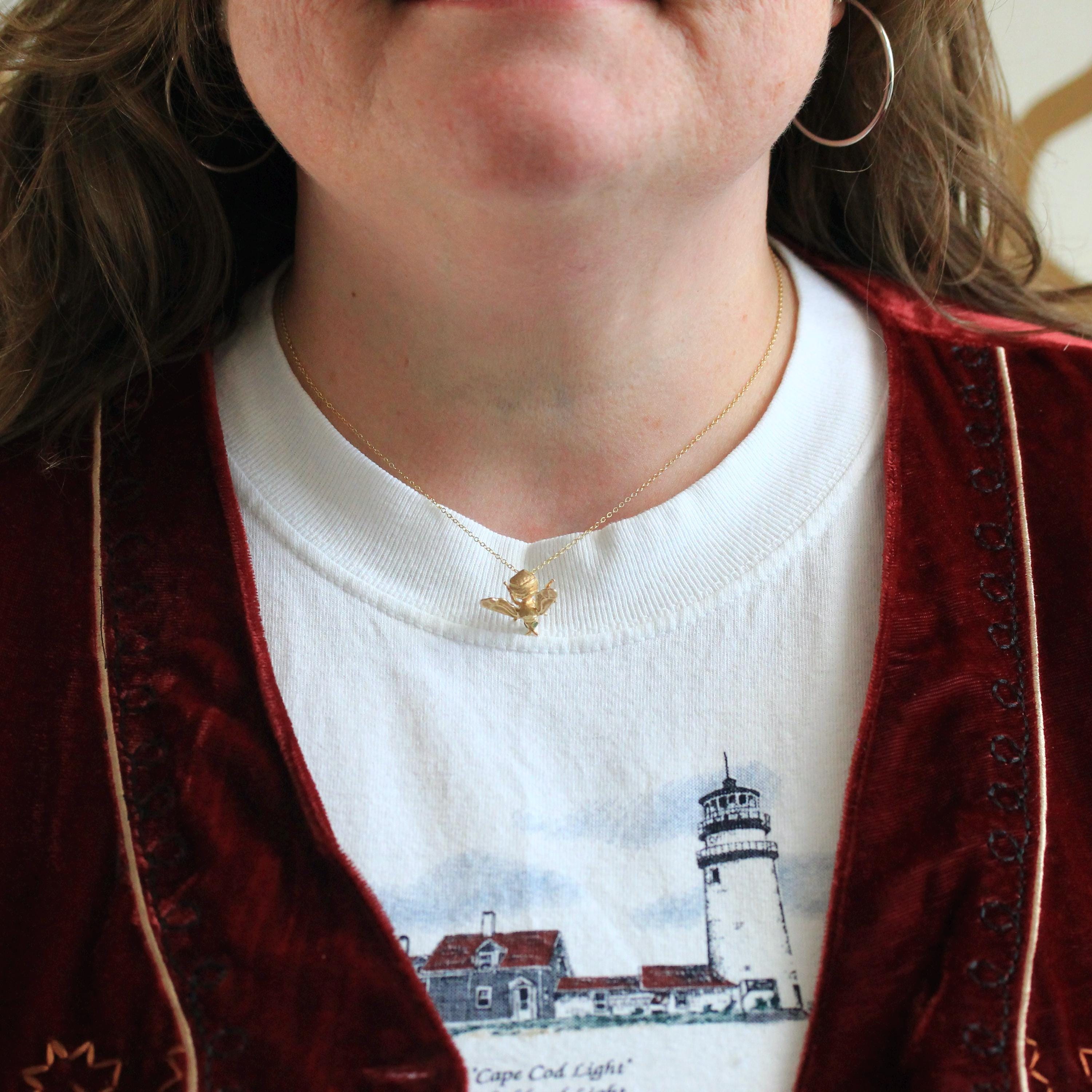 Modern Bee Charm - 14k Yellow Gold Green Tourmaline Pin Conversion Pendant Necklace - Vintage 1980s Figural Bug Fine Statement Jewelry