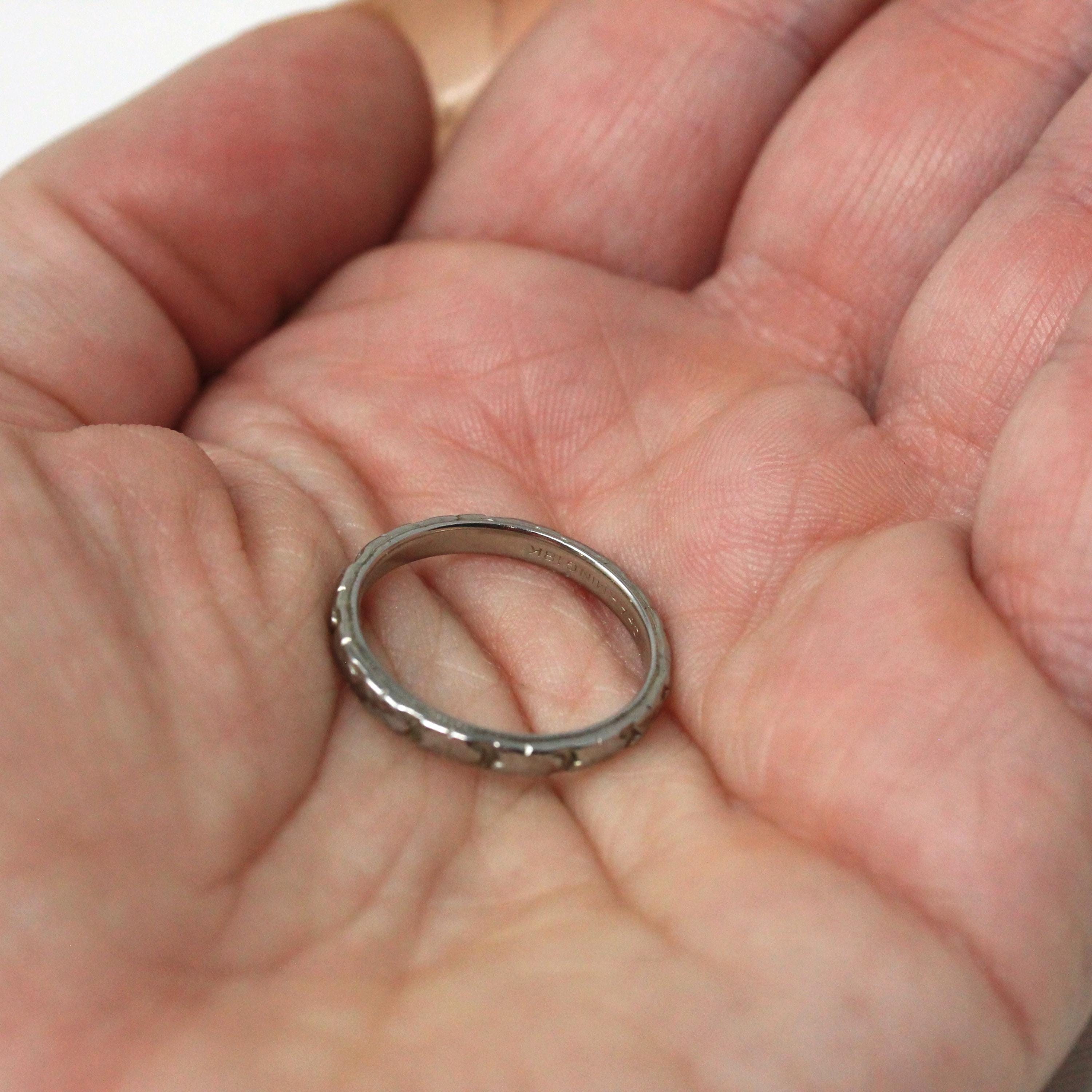 Floral Wedding Band - Vintage Art Deco 18k White Gold Flower Eternity Ring - Circa 1930s Era Size 5 1/2 Bridal Unisex Fine 30s Era Jewelry