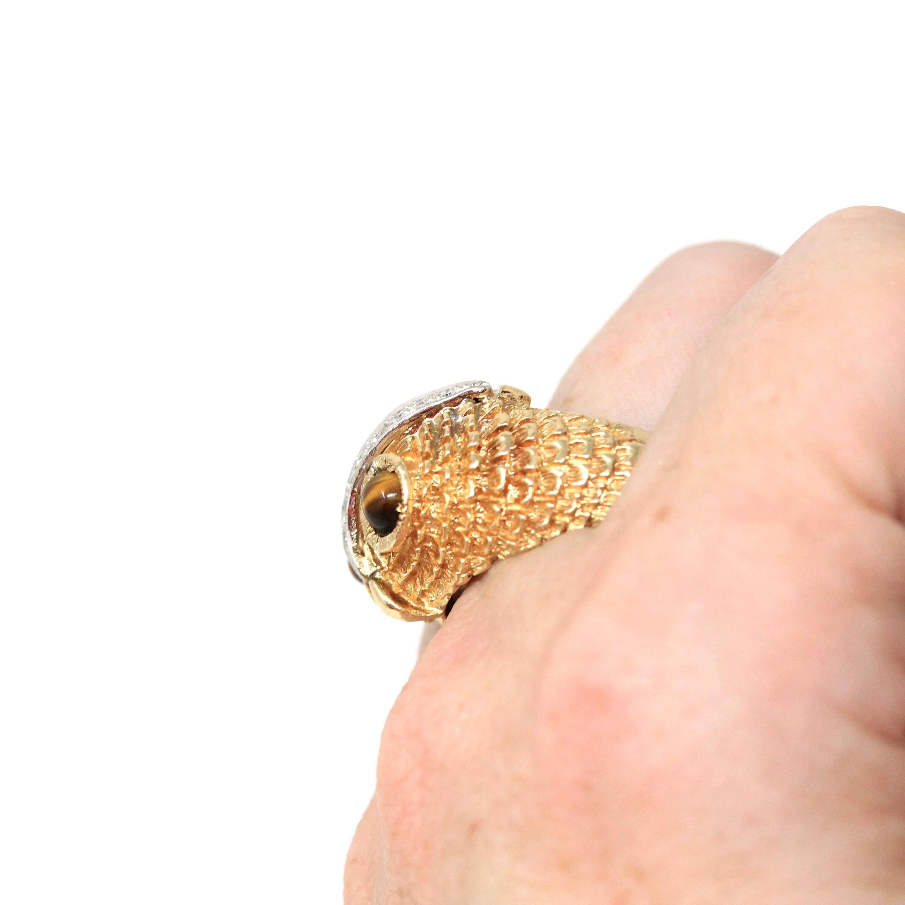 Vintage Owl Ring - Retro 14k Yellow Gold Tiger's Eye Gemstone Eyes - Circa 1960s Era Size 10 Diamonds Statement Cocktail Fine Bird Jewelry