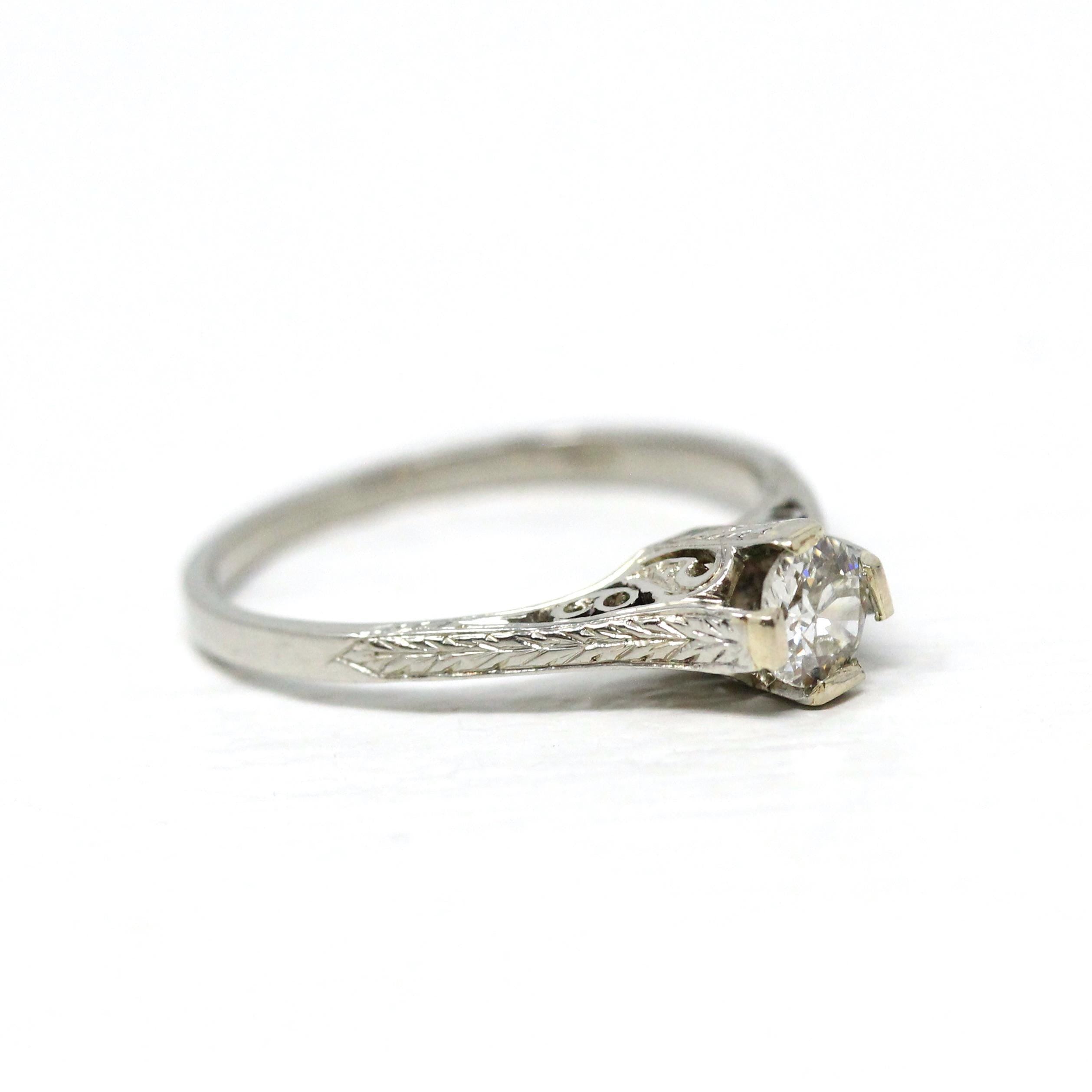 Vintage Diamond Ring - Art Deco 18k White Gold Natural Gemstone Basket Cathedral Solitaire - Circa 1930s Size 6 1/2 Filigree Fine Jewelry