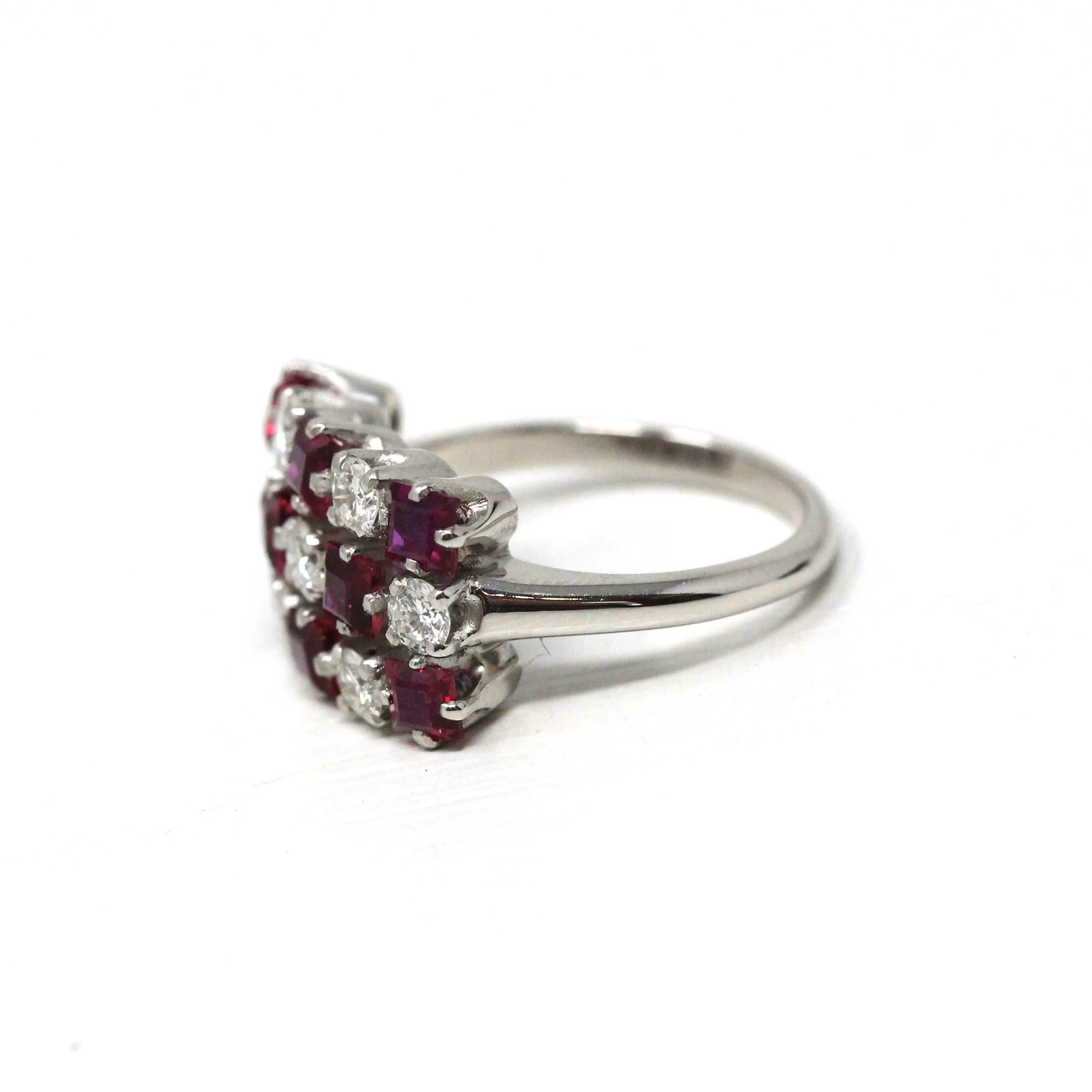 Ruby & Diamond Cluster Ring - Estate Platinum Natural Checkerboard Gemstones - Modern Size 5 1/2 July Birthstone Fine Anniversary Jewelry