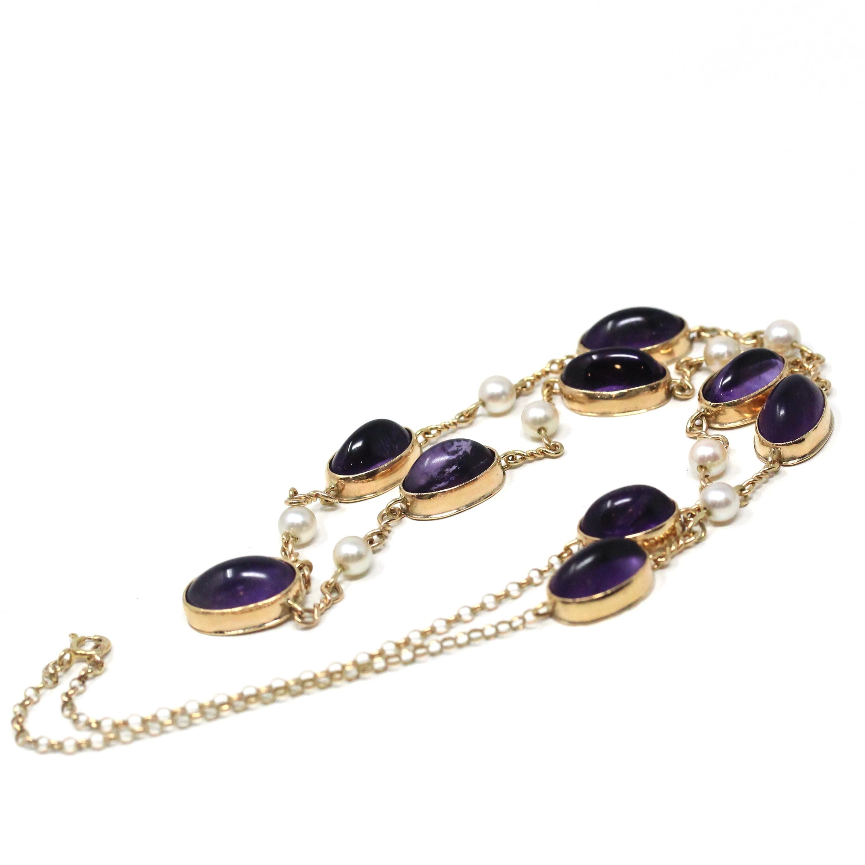 Antique Amethyst Necklace - Vintage 9k Yellow Gold Purple Gem Cultured Pearl Necklace - Edwardian 1910s February June Birthstones Jewelry