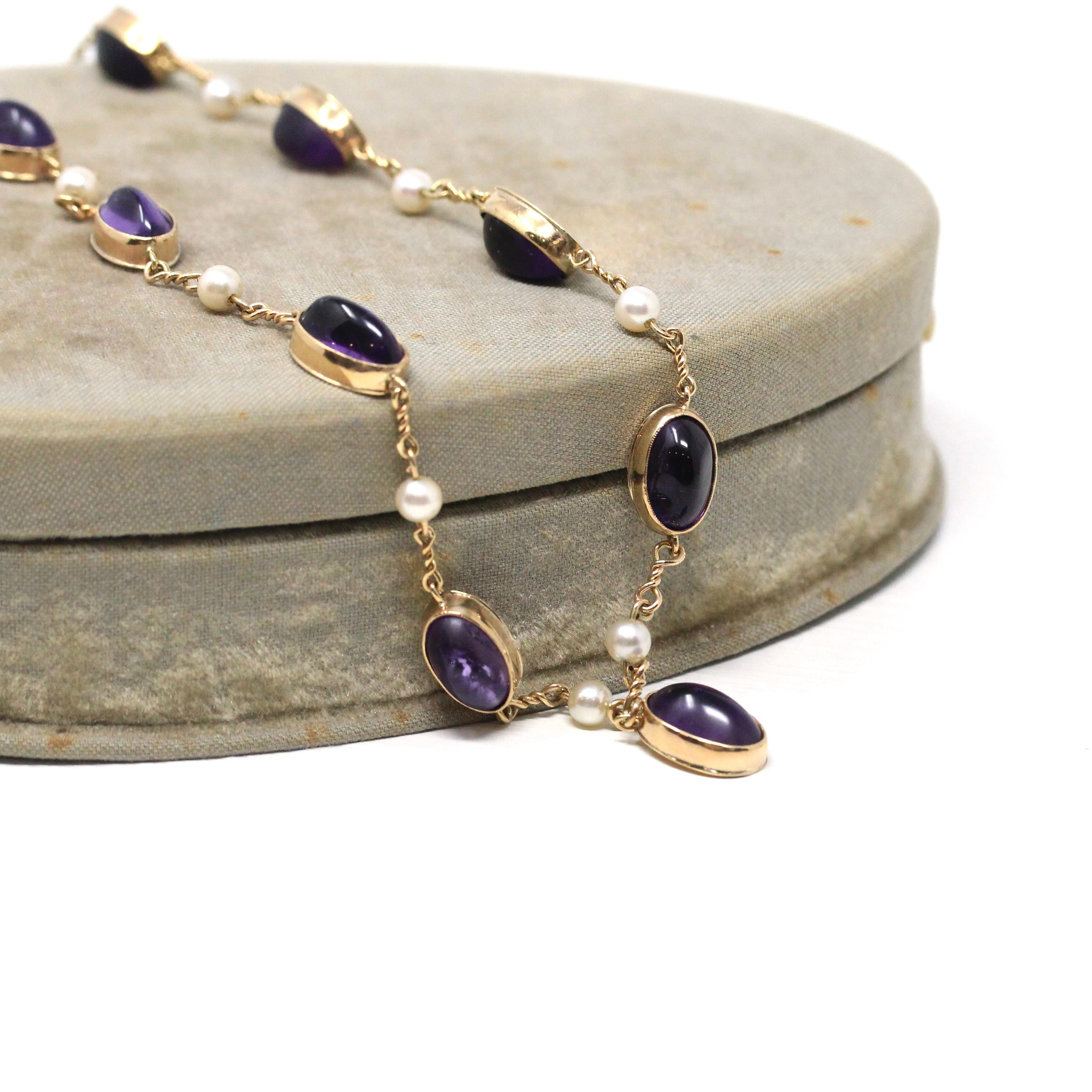 Antique Amethyst Necklace - Vintage 9k Yellow Gold Purple Gem Cultured Pearl Necklace - Edwardian 1910s February June Birthstones Jewelry