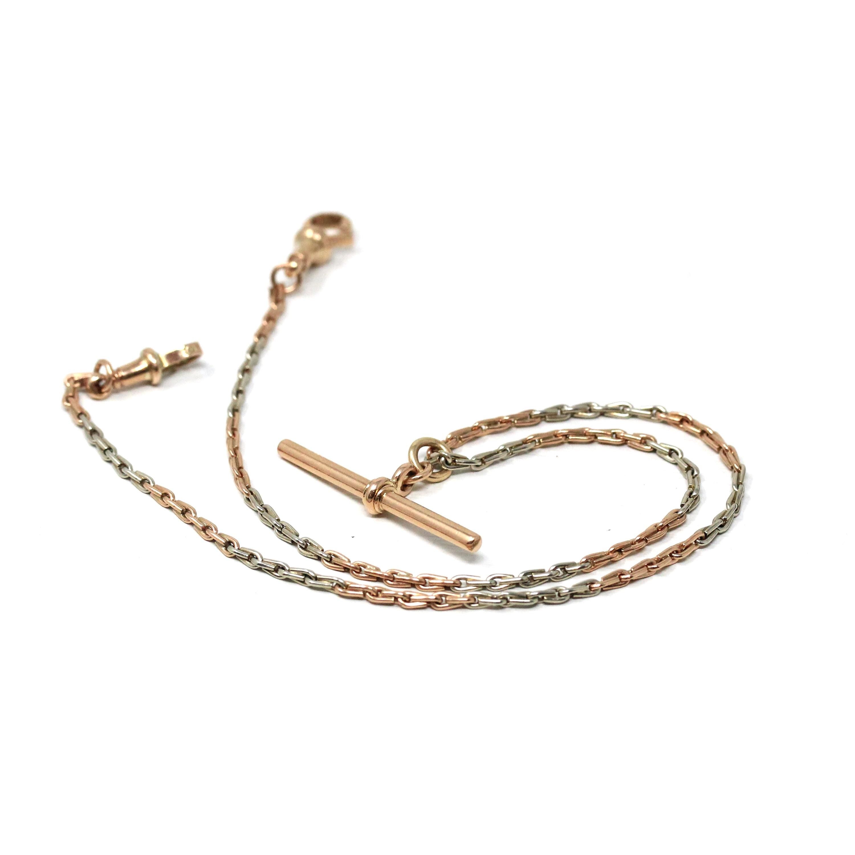 Pocket Watch Chain - Antique 9ct Rose White Two Tone Gold T Bar Swivel Clip Choker Necklace - Circa 1920s Era Fashion Accessory Fine Jewelry