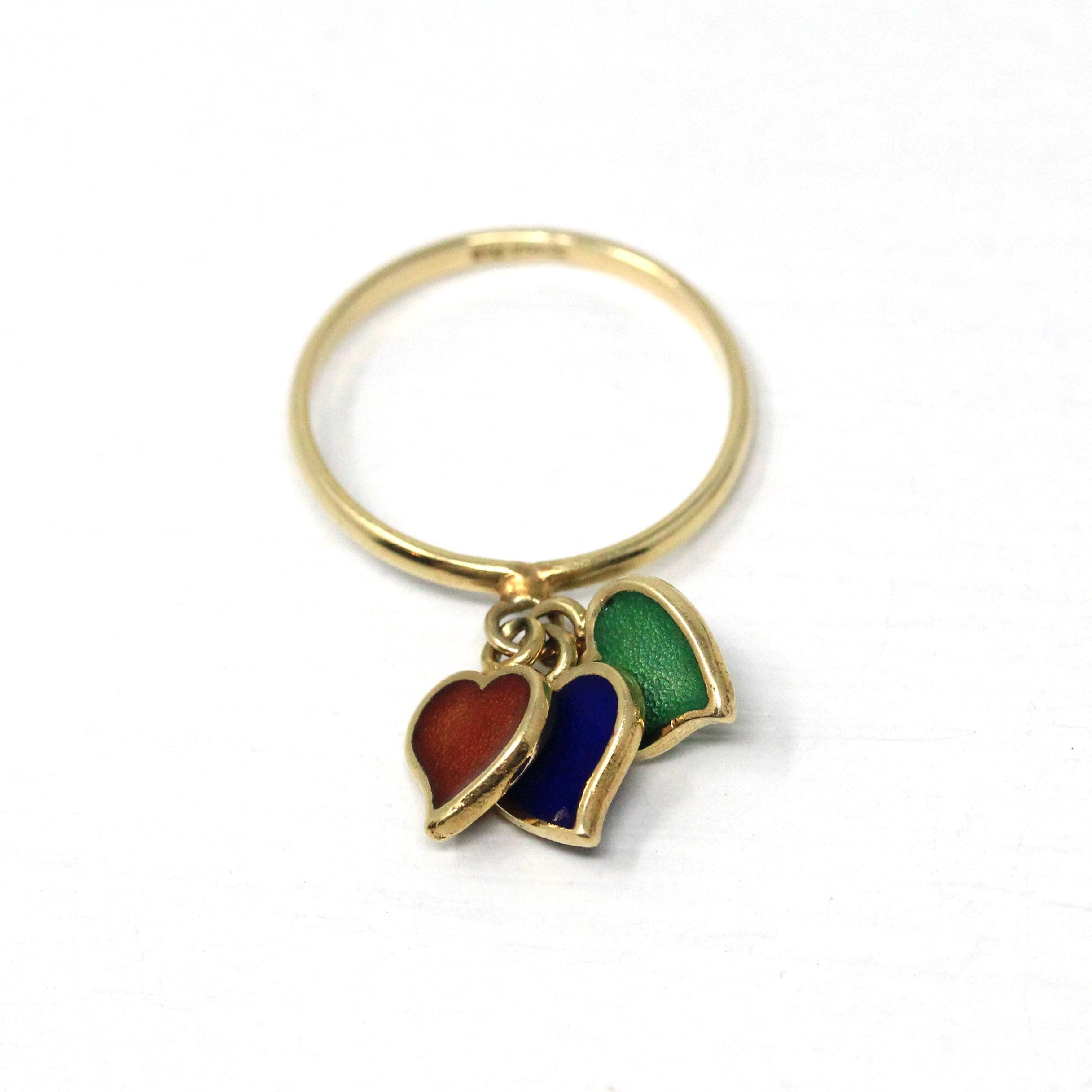 Guilloche Charm Ring - Modern Era 14k Yellow Gold Three Enamel Hearts Band - Circa 1980s Size 6 3/4 Green Blue Red Fine Fashion Jewelry