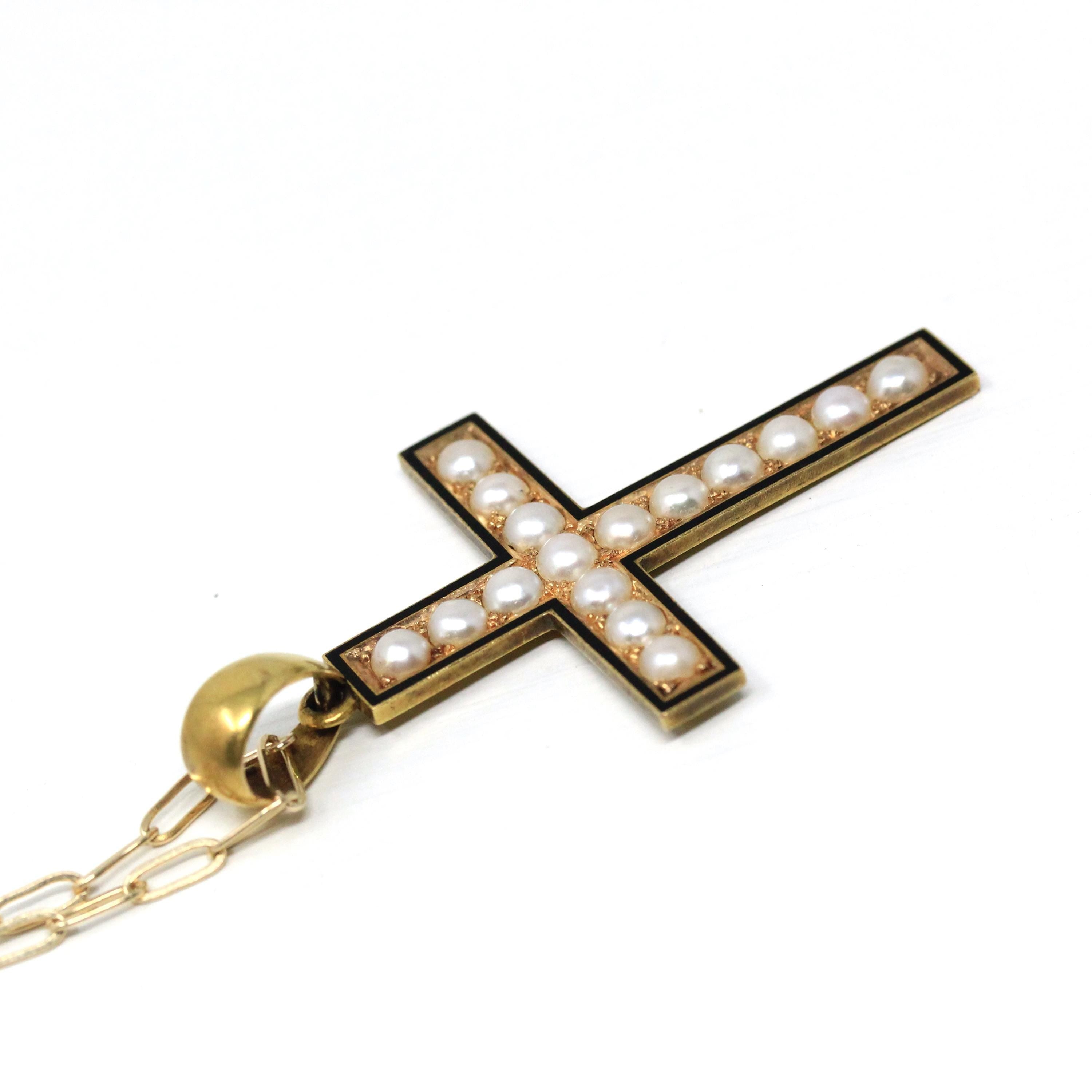 Antique Victorian Cross - Circa 1890s 14k Yellow Gold Seed Pearl & Black Enamel Pendant - Mourning Religious Christianity Cross Fine Jewelry