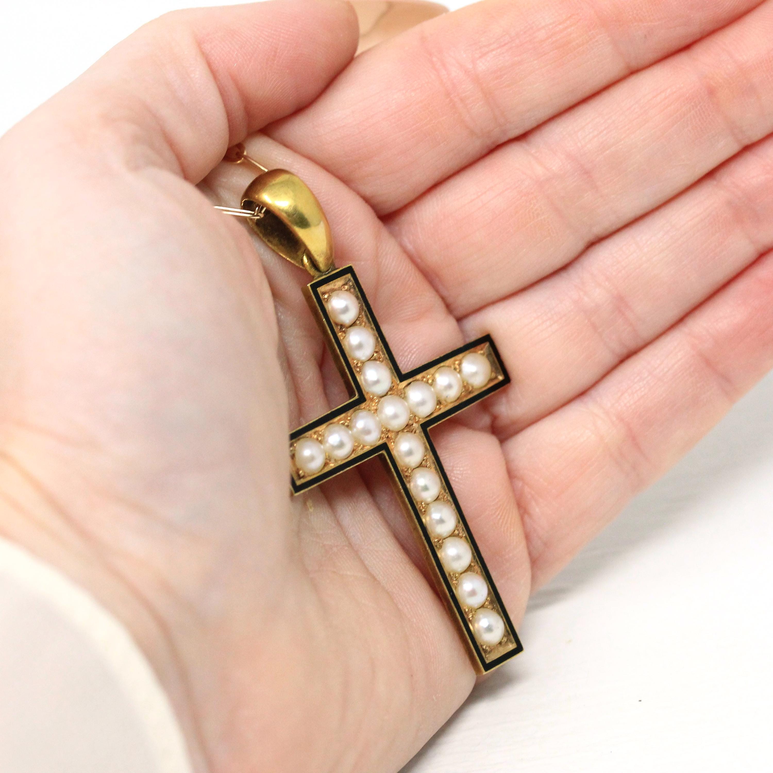 Antique Victorian Cross - Circa 1890s 14k Yellow Gold Seed Pearl & Black Enamel Pendant - Mourning Religious Christianity Cross Fine Jewelry