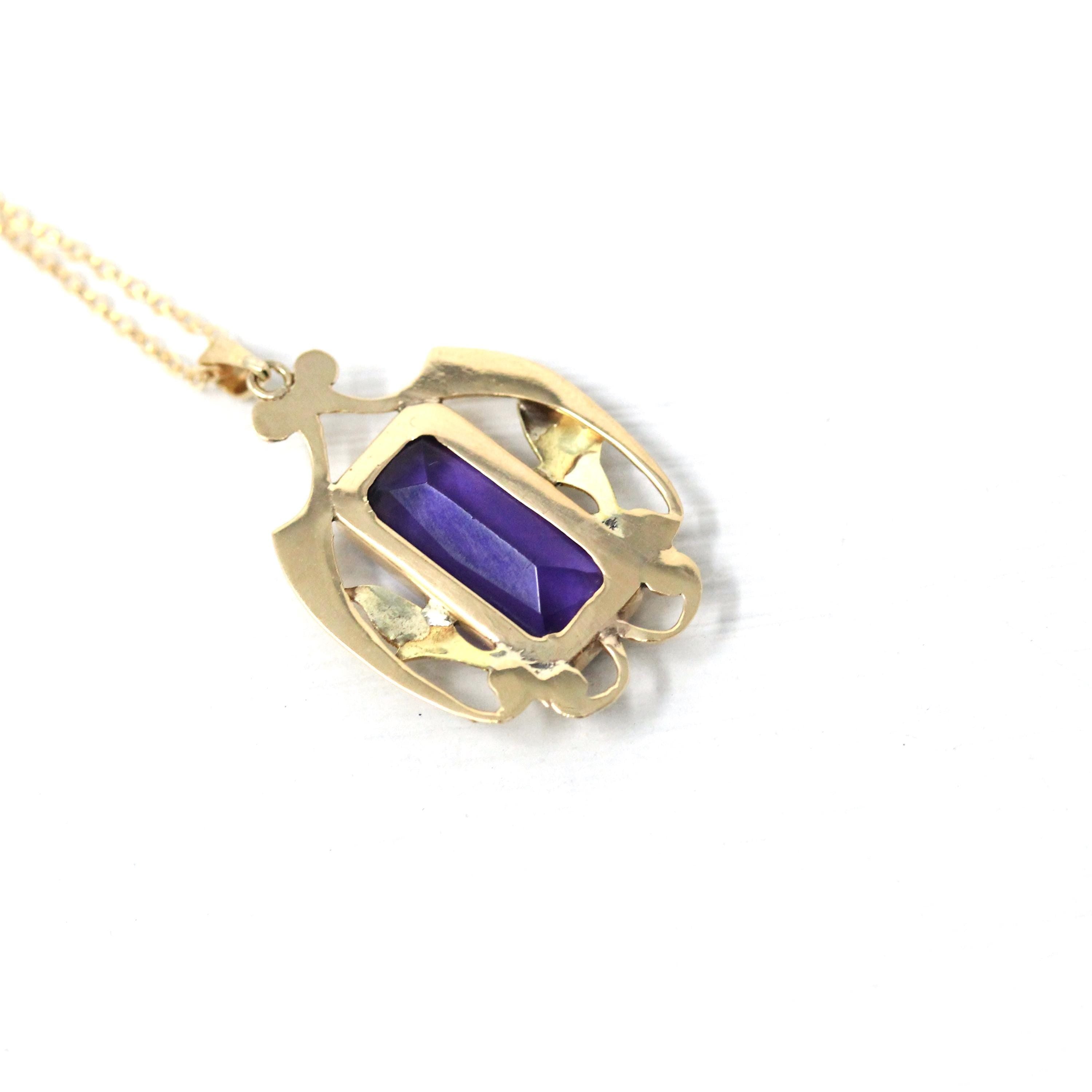 Simulated Amethyst Necklace - Edwardian 10k Yellow Gold Purple Glass Pendant - Art Nouveau Antique Circa 1910s Era Statement Fine Jewelry