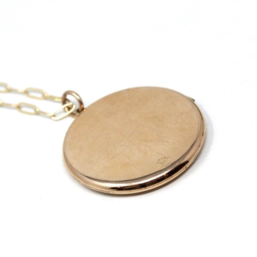 Vintage Photo Locket - Retro Era 9k Yellow Gold Round Keepsake Pendant Necklace - Circa 1940s Original Photographs Fine English Jewelry