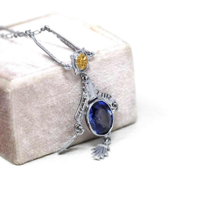 Art Deco Lavalier - Vintage 10k White Gold 2.47 CT Created Blue Sapphire Necklace - Circa 1930s Era Two Tone Floral Filigree Fine Jewelry