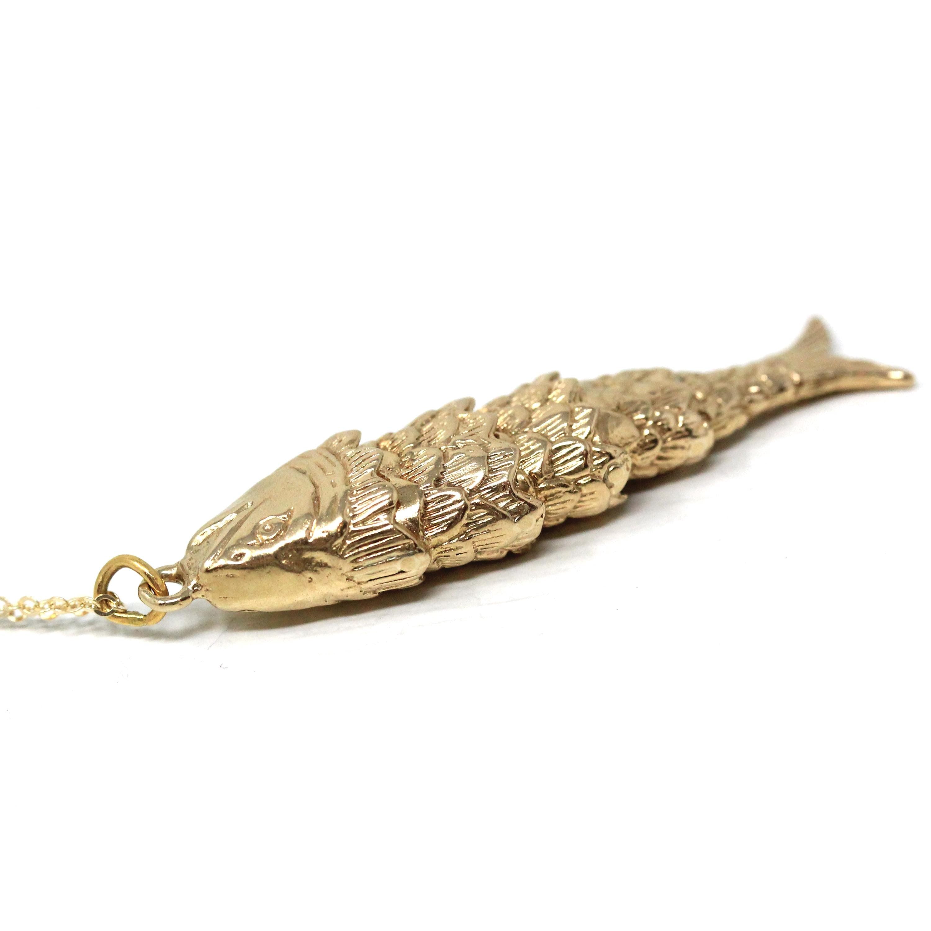 Articulated Fish Pendant - Retro 9k English Yellow Gold Figural Kinetic Charm Necklace - Vintage Circa 1970s Era Moving Animal Fine Jewelry