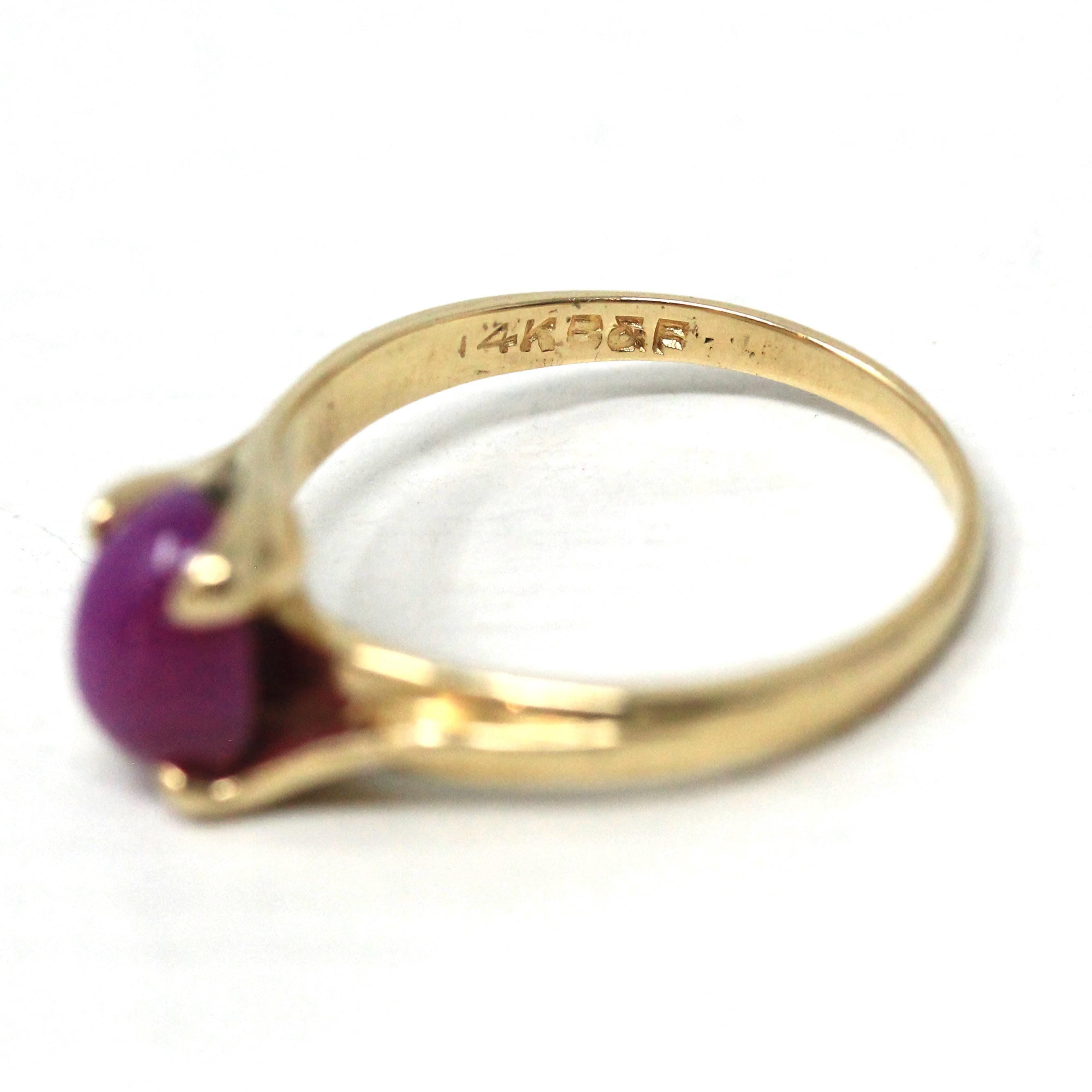 Created Star Ruby Ring - Retro 14k Yellow Gold Cabochon Cut Pink Gemstone - Vintage Circa 1960s Era Size 6 1/4 Bypass Fine Statement Jewelry