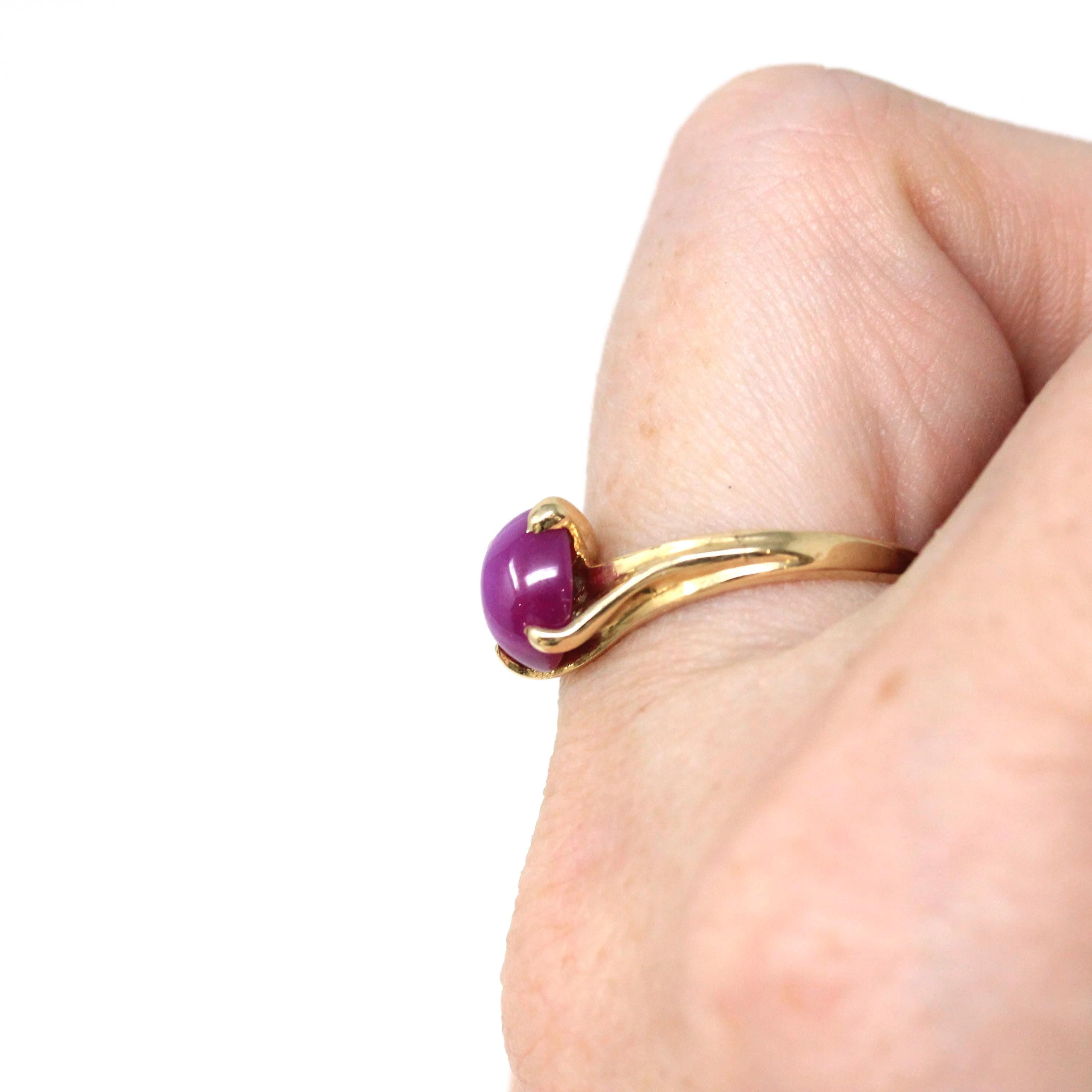 Created Star Ruby Ring - Retro 14k Yellow Gold Cabochon Cut Pink Gemstone - Vintage Circa 1960s Era Size 6 1/4 Bypass Fine Statement Jewelry