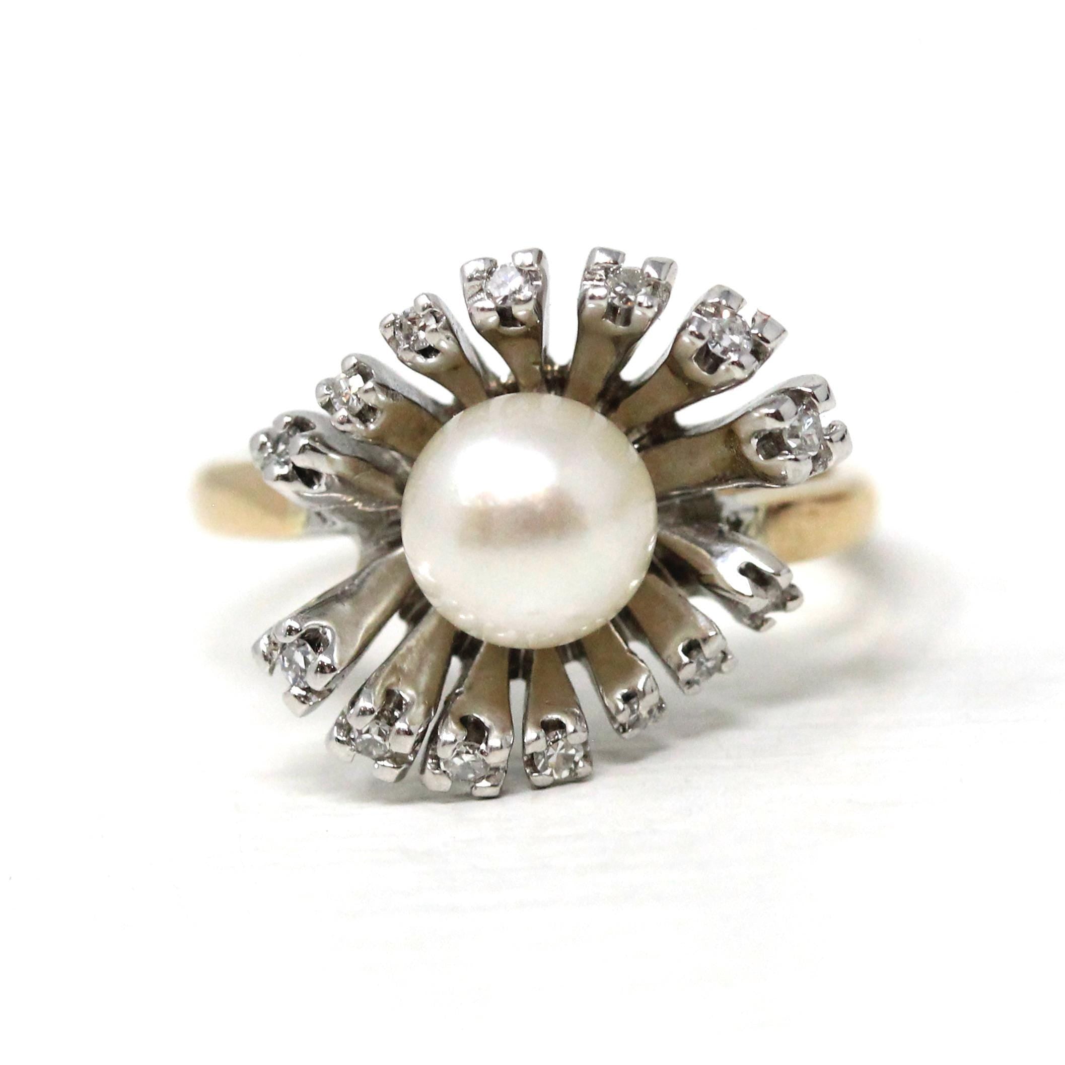 Pearl & Diamond Ring - Retro Era 14k Yellow White Gold Genuine Gemstones Statement - Vintage Circa 1970s Size 5 Spray Statement Fine Jewelry