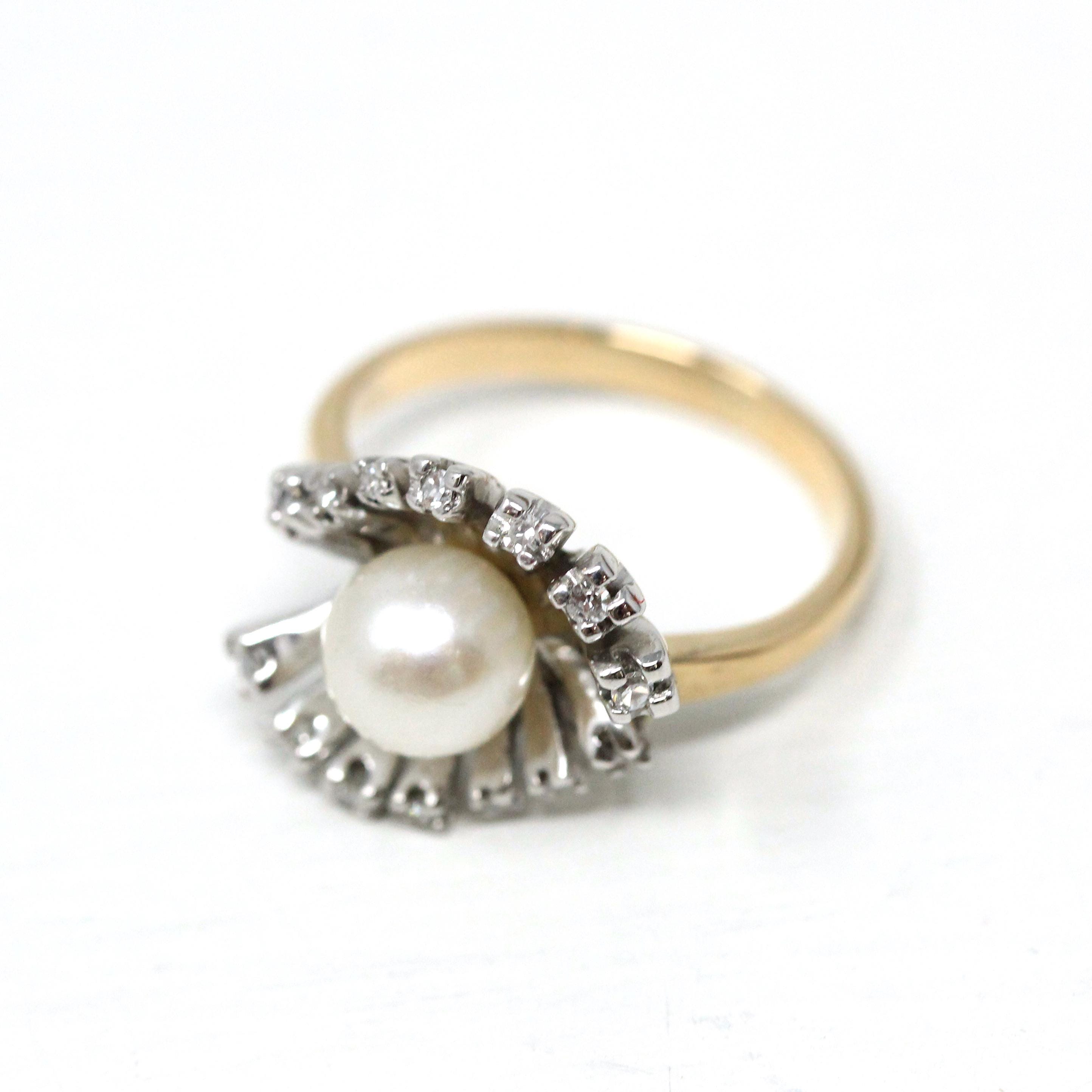 Pearl & Diamond Ring - Retro Era 14k Yellow White Gold Genuine Gemstones Statement - Vintage Circa 1970s Size 5 Spray Statement Fine Jewelry