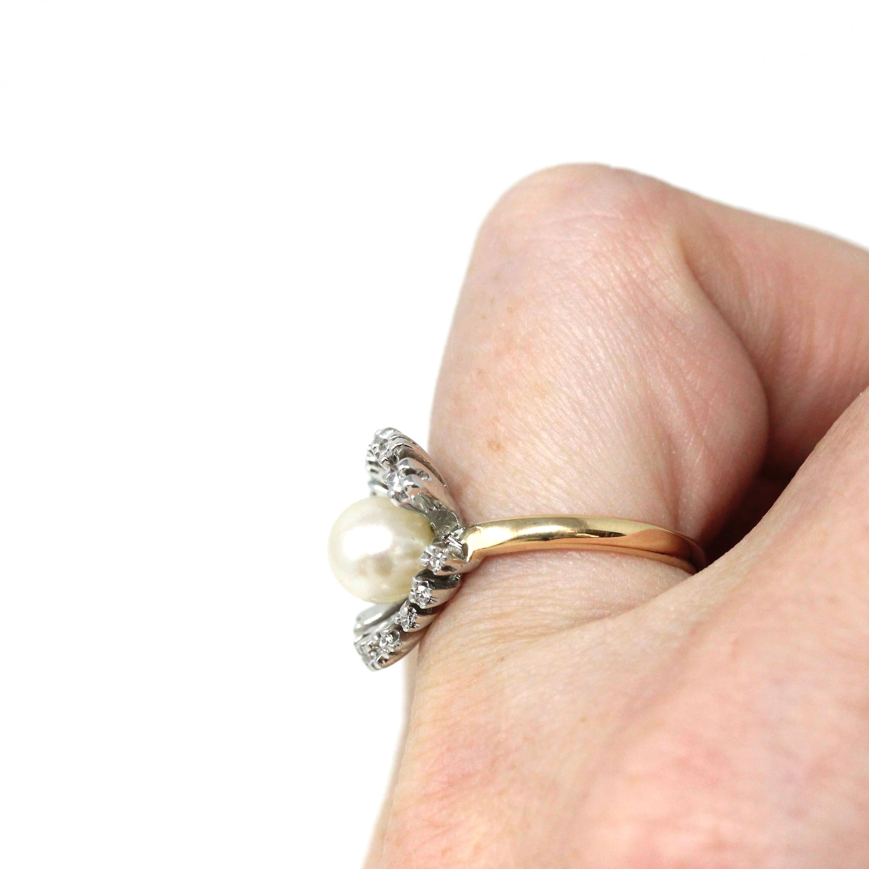 Pearl & Diamond Ring - Retro Era 14k Yellow White Gold Genuine Gemstones Statement - Vintage Circa 1970s Size 5 Spray Statement Fine Jewelry