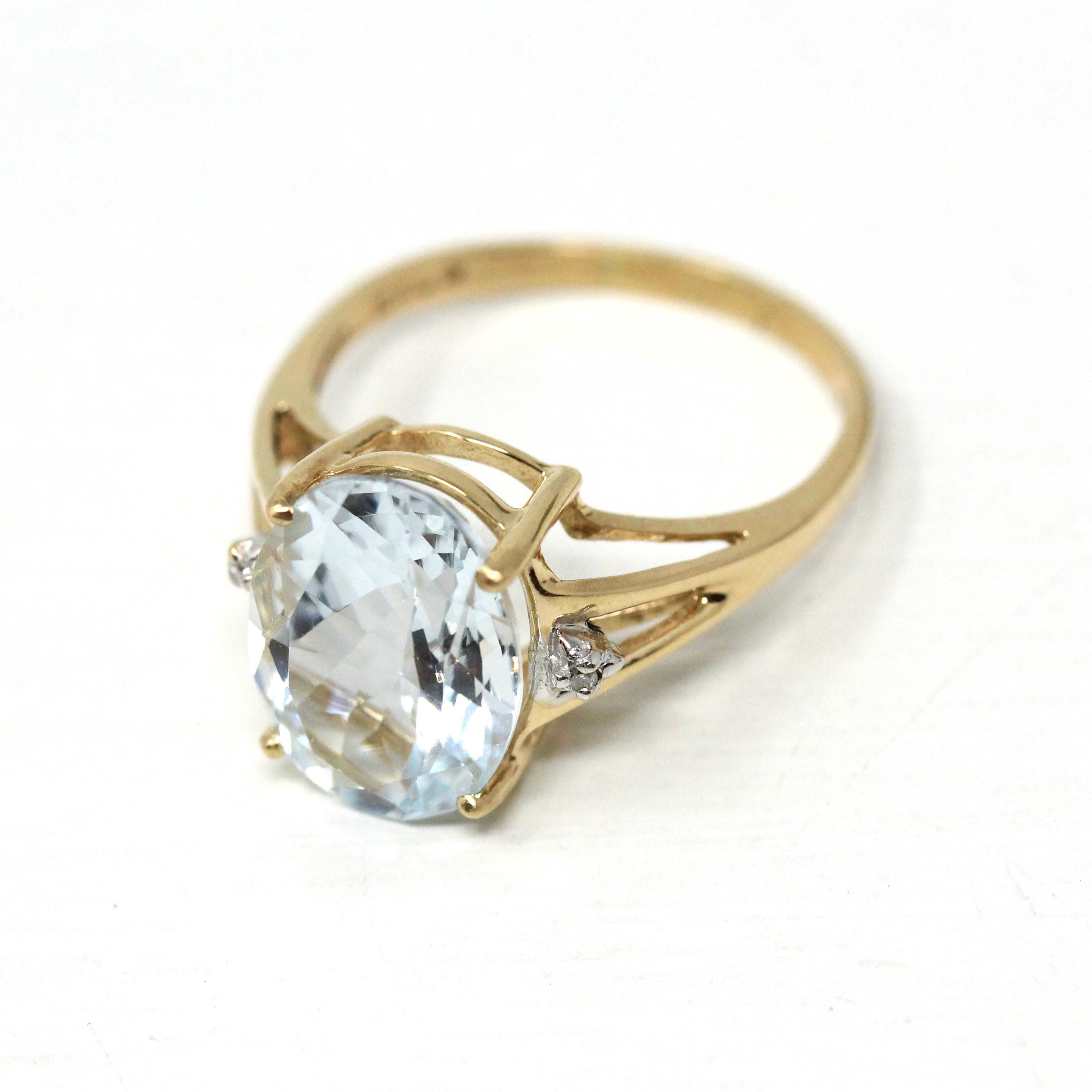 Aquamarine & Diamond Ring - Modern 10k Yellow Gold Oval Faceted 2.40 CT Blue Gem - Estate Circa 2000's Era Size 8 1/2 Statement Fine Jewelry