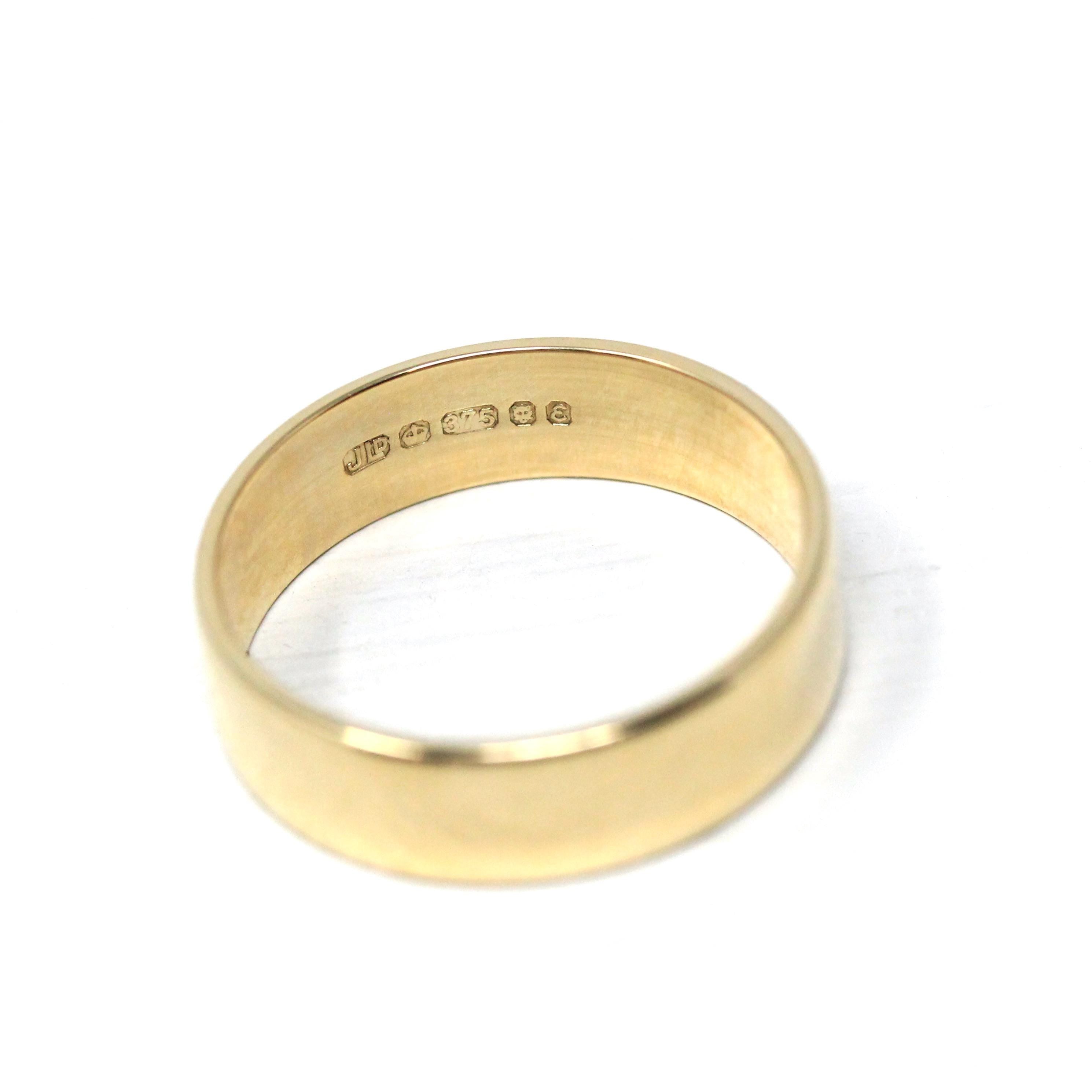 Wide Cigar Band - Vintage 9k Yellow Gold London England UK - Circa 1970s Era Size 8 3/4 English Hallmarks 1979 Fine Minimalist 70s Jewelry