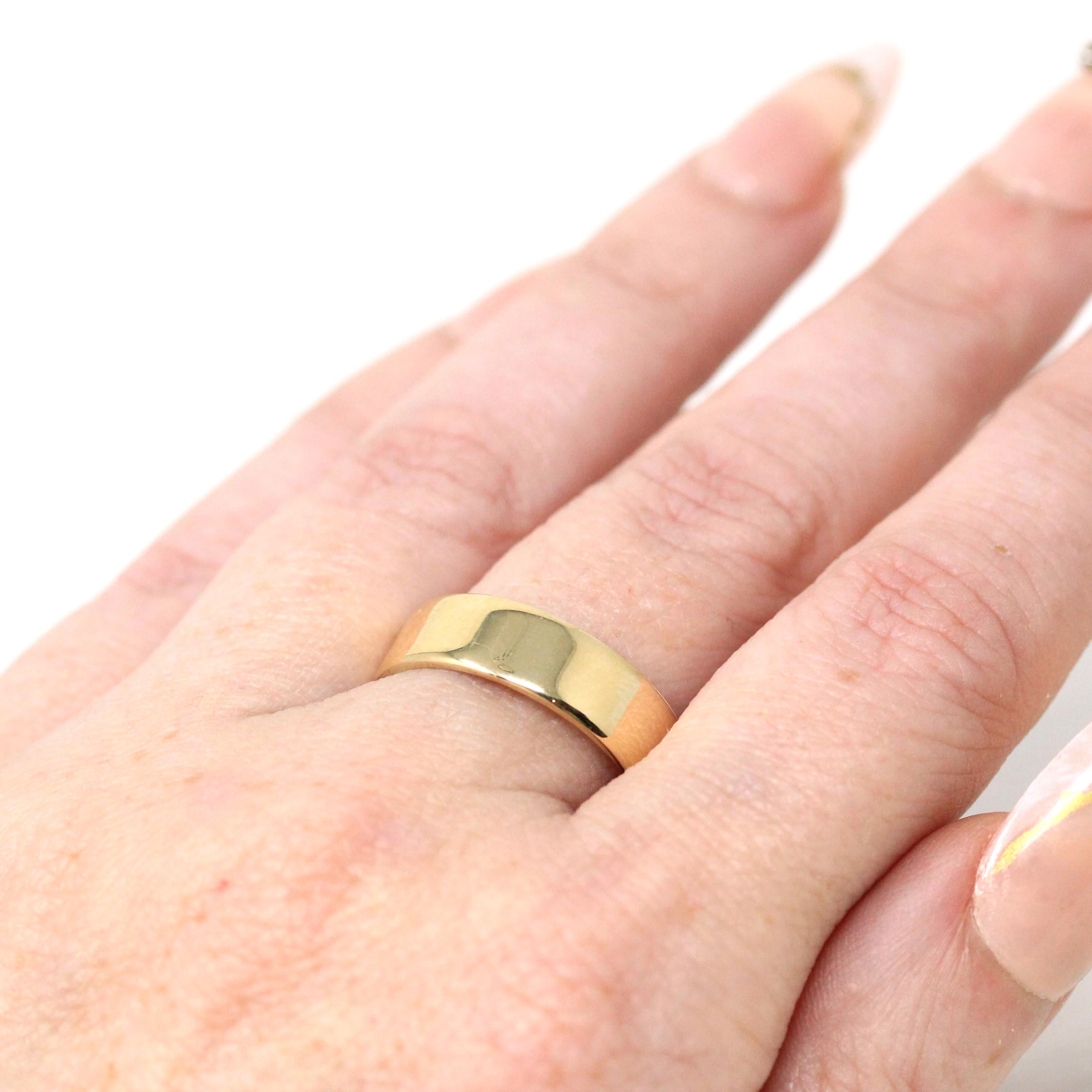 Wide Cigar Band - Vintage 9k Yellow Gold London England UK - Circa 1970s Era Size 8 3/4 English Hallmarks 1979 Fine Minimalist 70s Jewelry