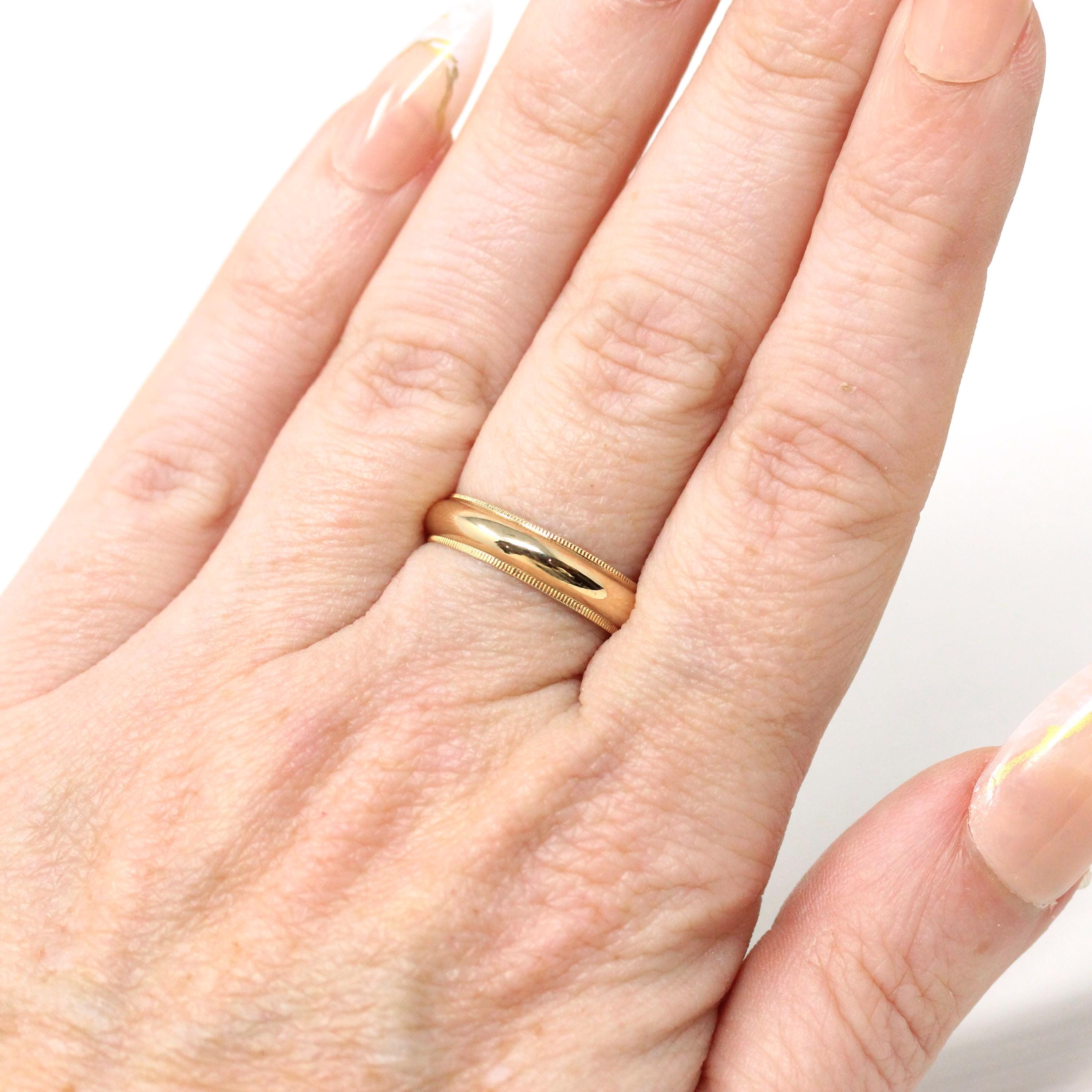 Milgrain Wedding Band - Modern 14k Yellow Gold Unadorned Plain 4.35 MM Ring - Circa 1940s Era Size 6.25 Unisex Stacking Fine 40s Era Jewelry